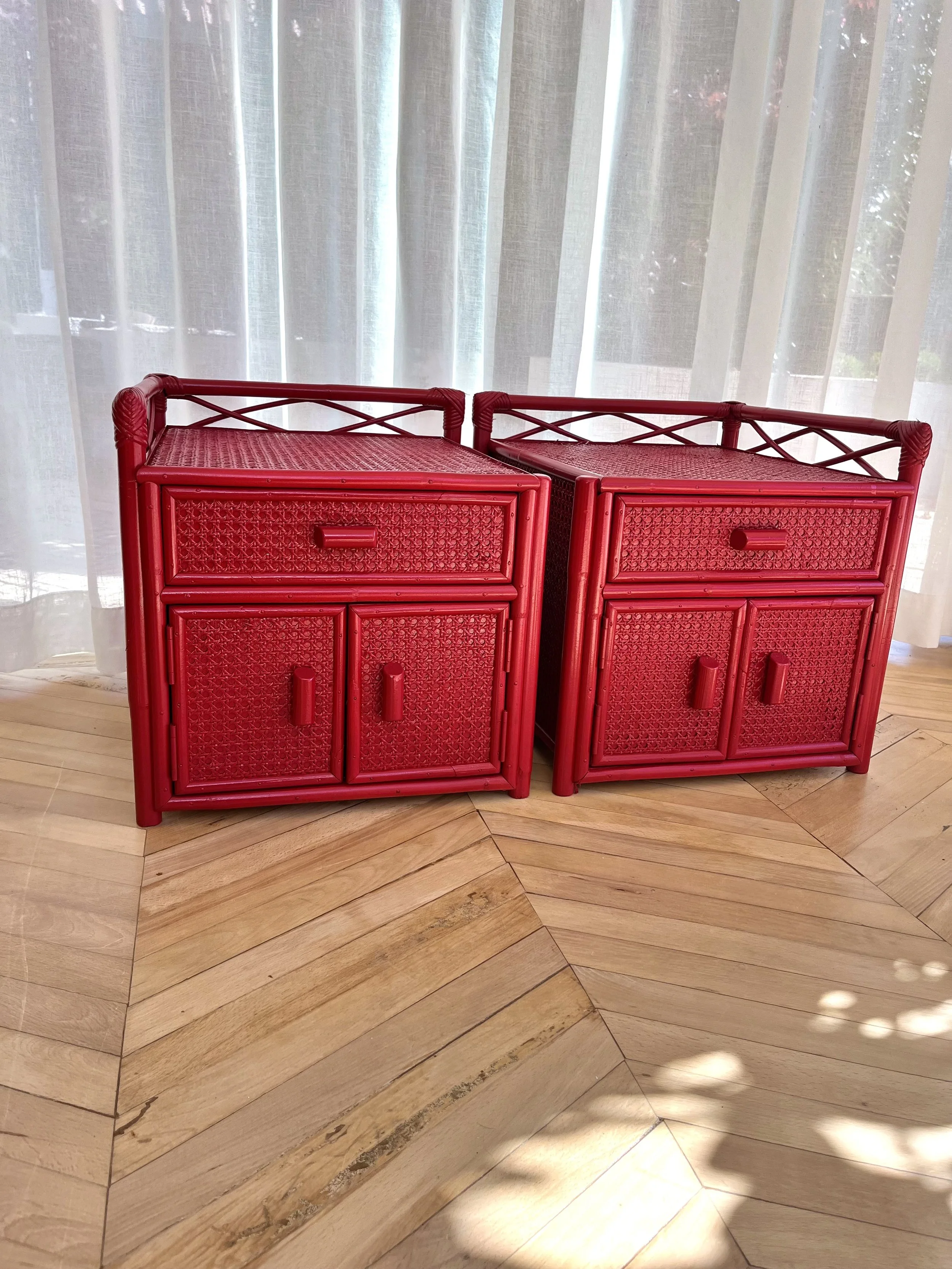 Pair of red lacquered bamboo and cane bedside cupboards 2.jpeg