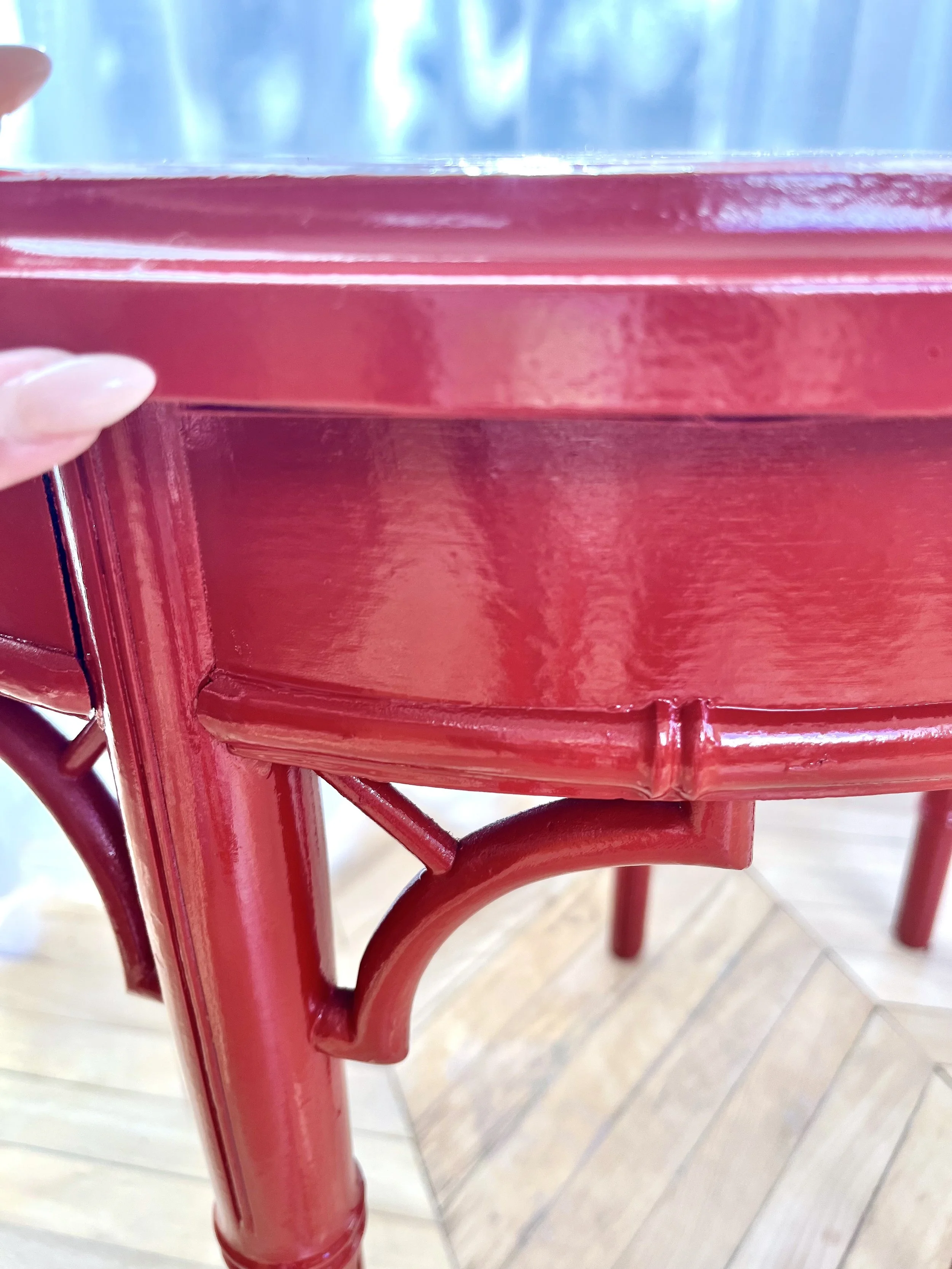 Pair of red chinoiserie style side tables imperfections 3.jpeg