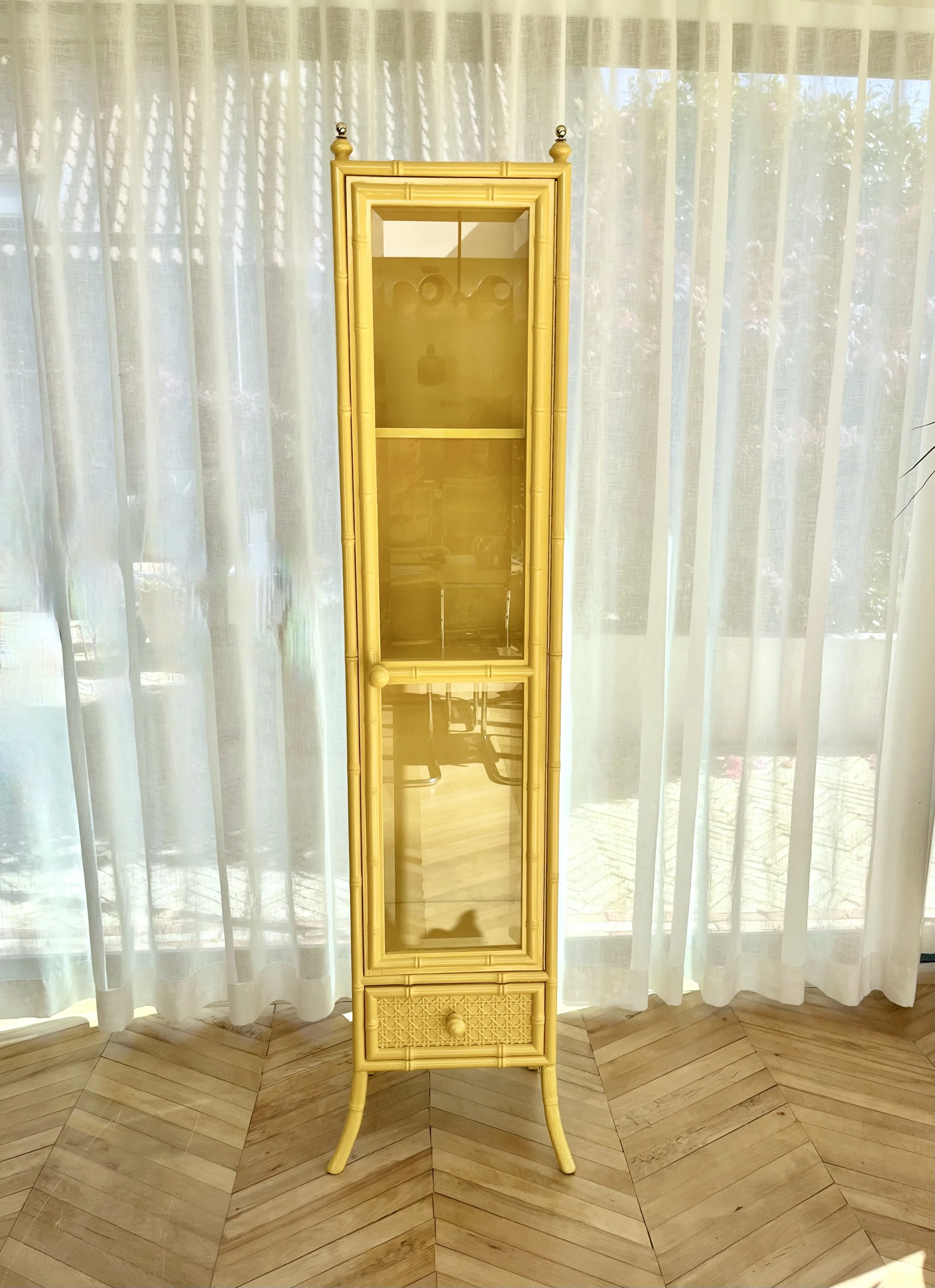 Yellow Lacquered Tall Faux Bamboo Glass Display Cabinet