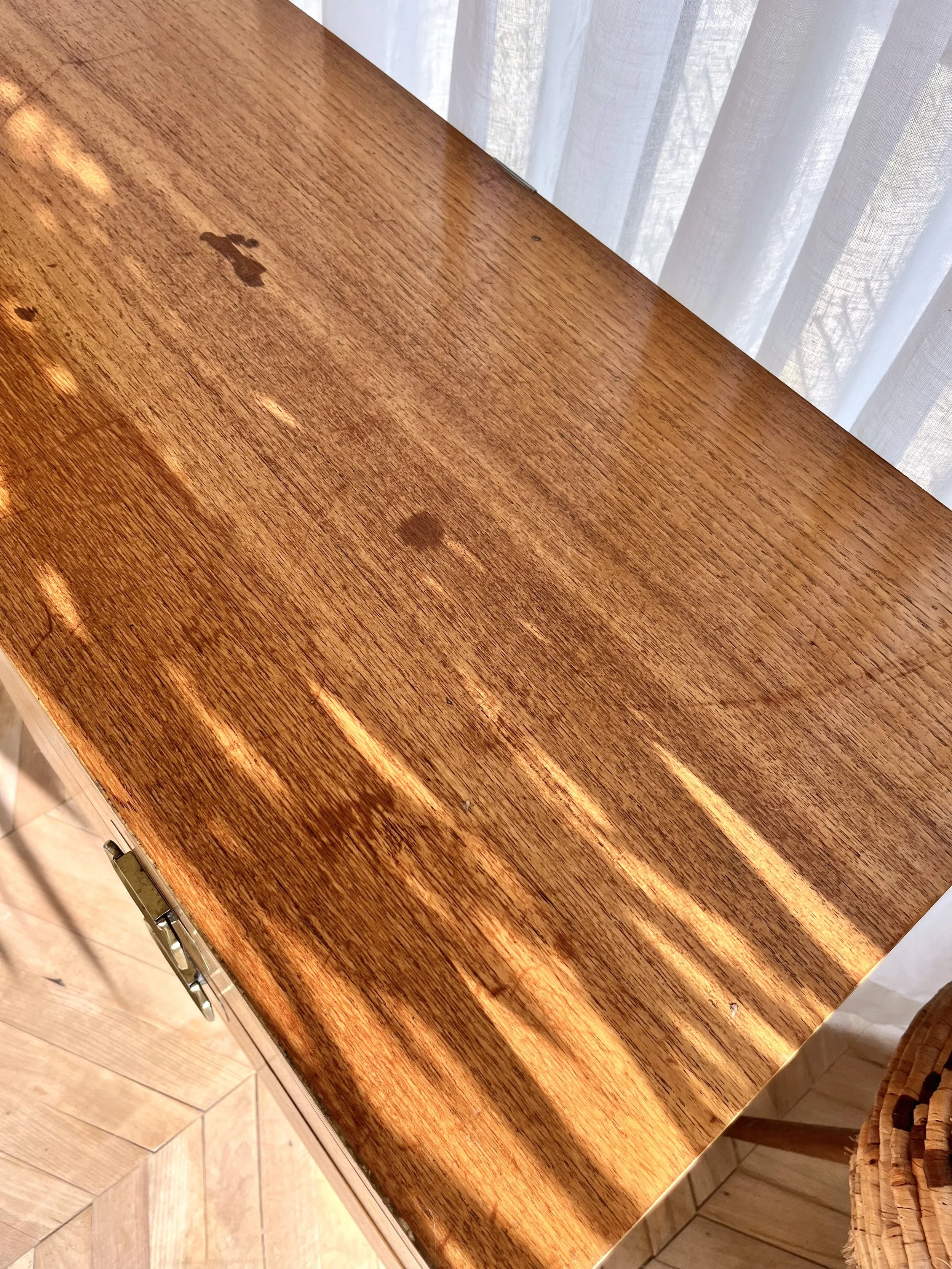 1960s teak veneer dressing table top with brass feet .jpeg