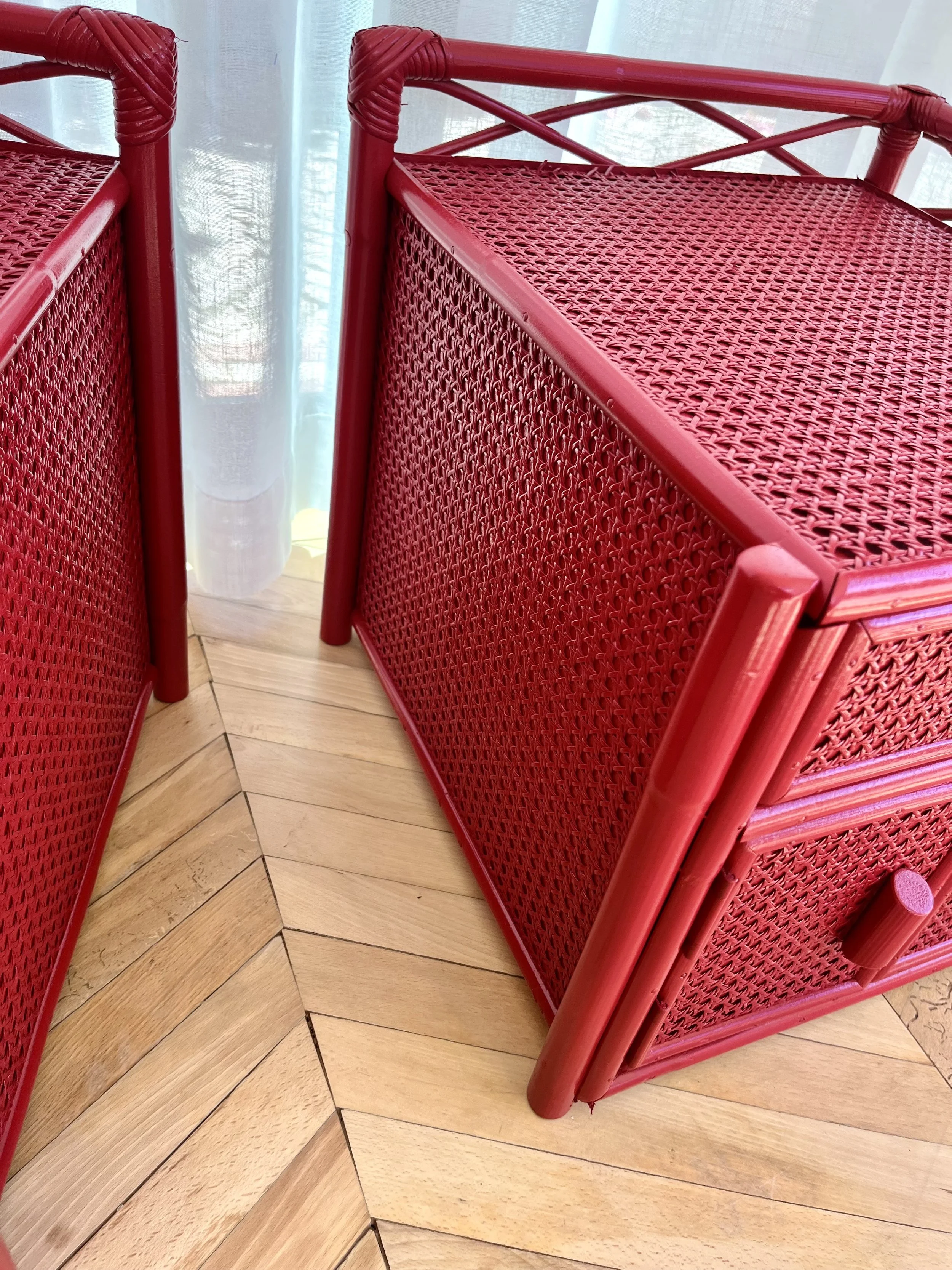 Pair of red lacquered bamboo and cane bedside cupboards 11.jpeg