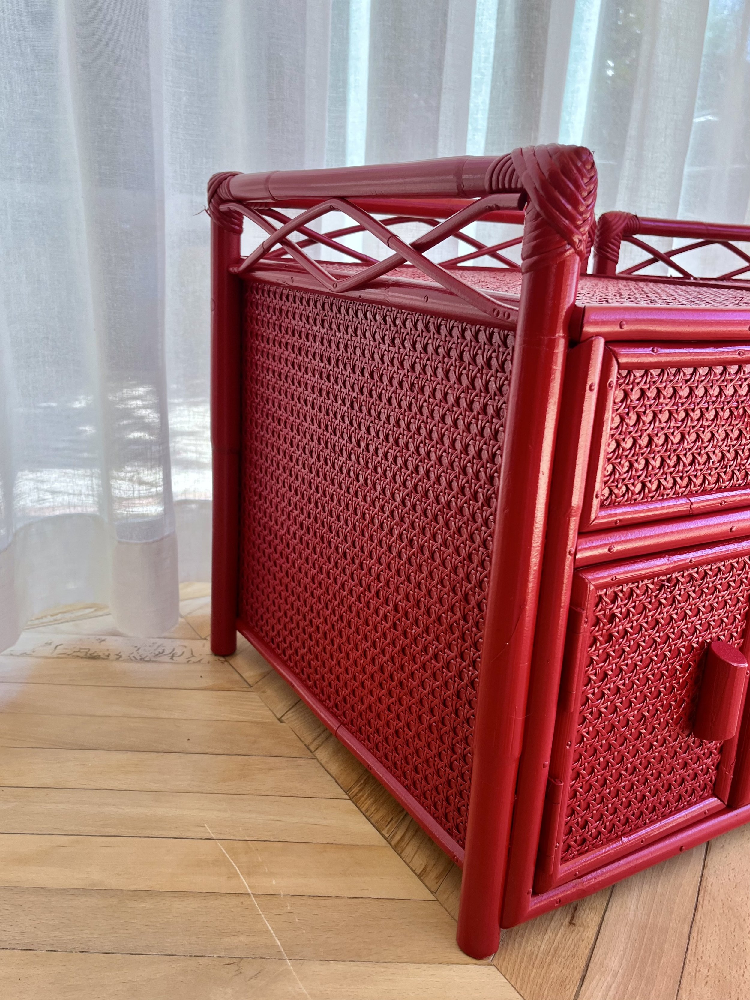 Pair of red lacquered bamboo and cane bedside cupboards 4.jpeg