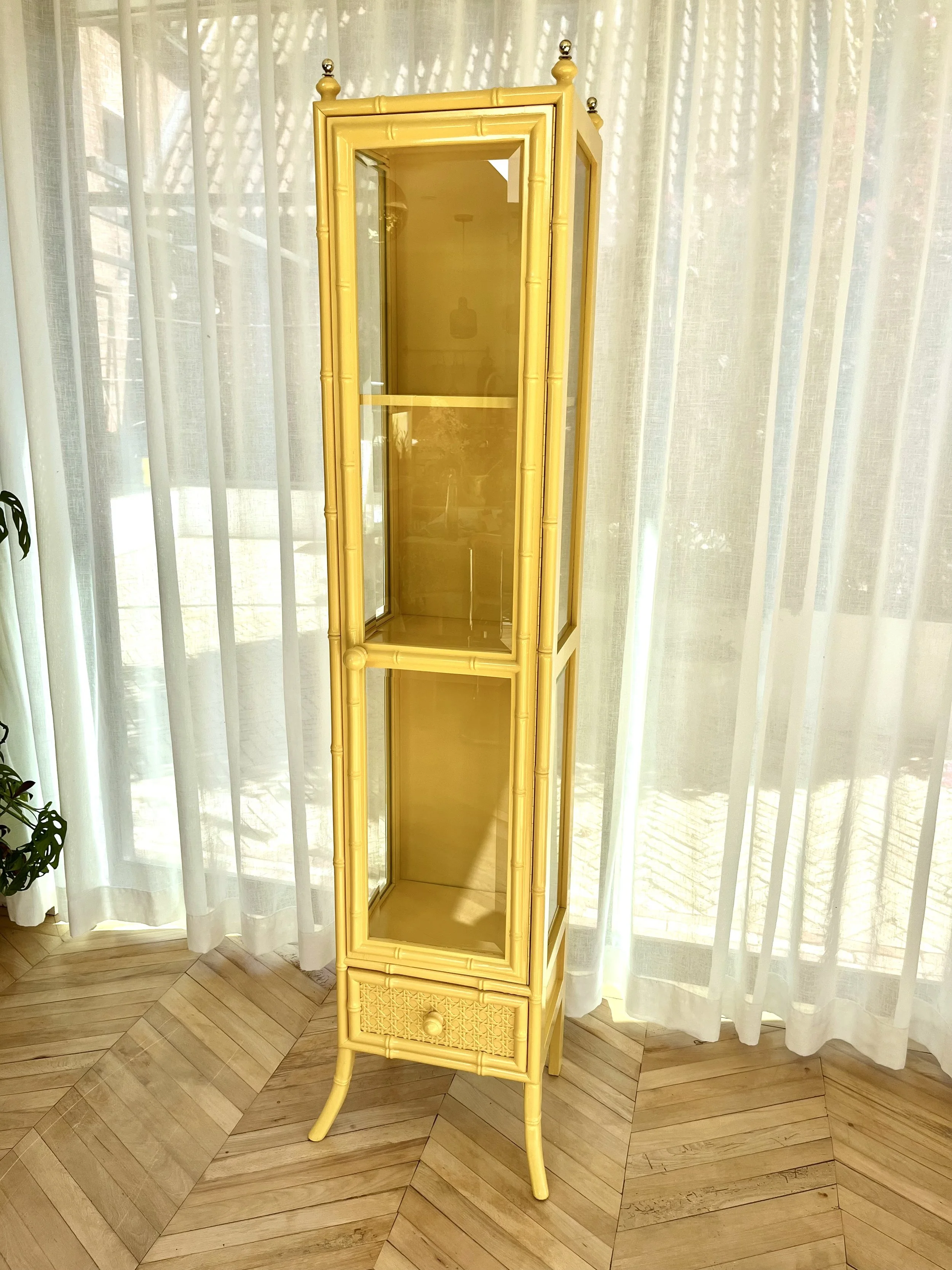 Yellow lacquered tall faux bamboo glass cabinet 10.jpeg