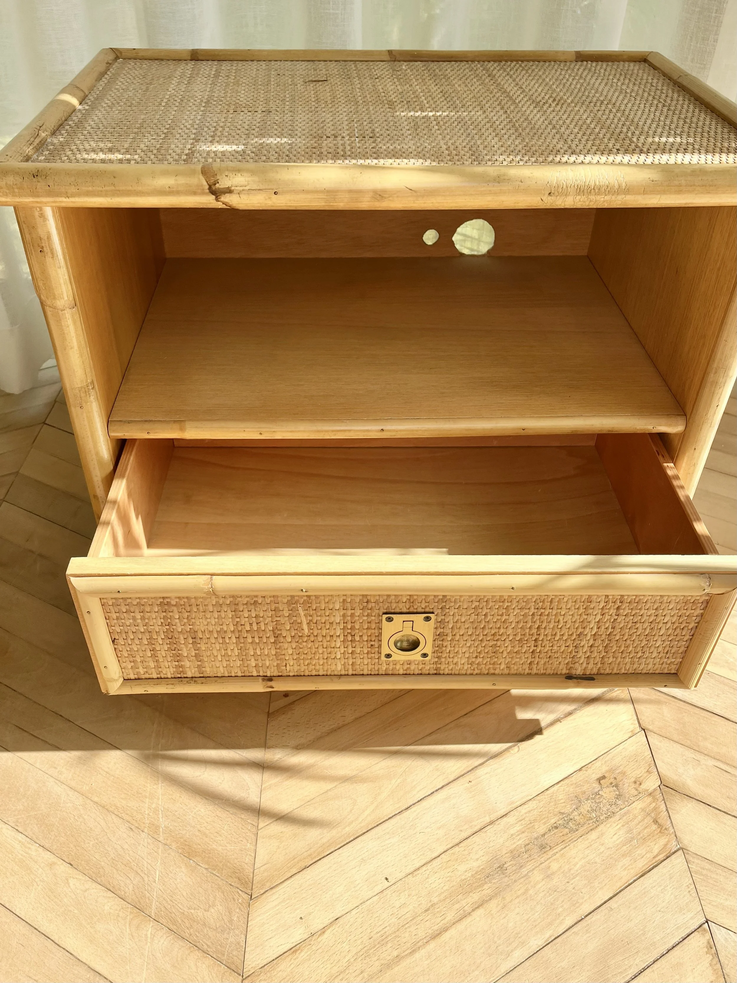 vintage dal vera bamboo side table with drawer open.jpeg