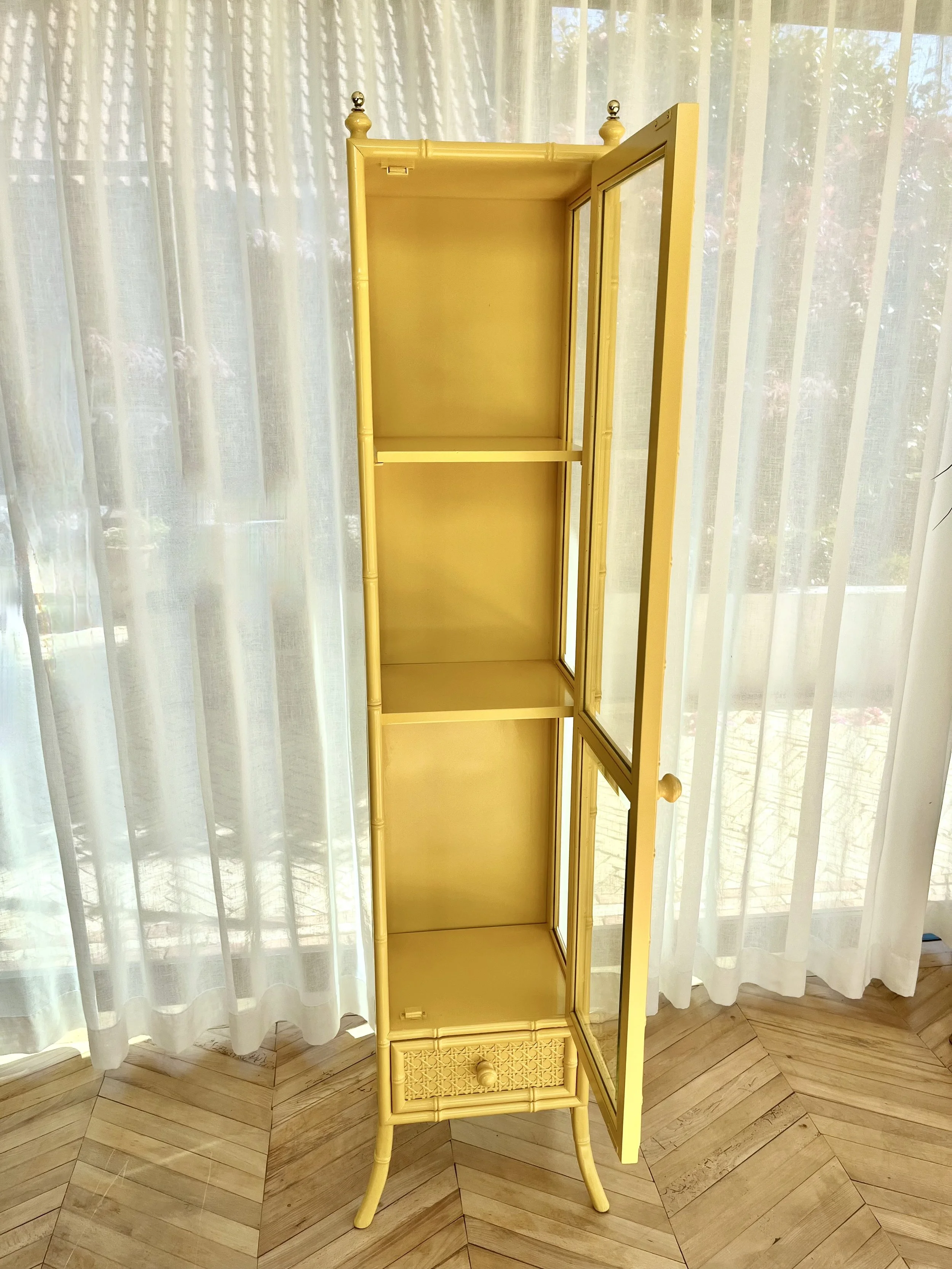 Yellow lacquered tall faux bamboo glass cabinet 7.jpeg