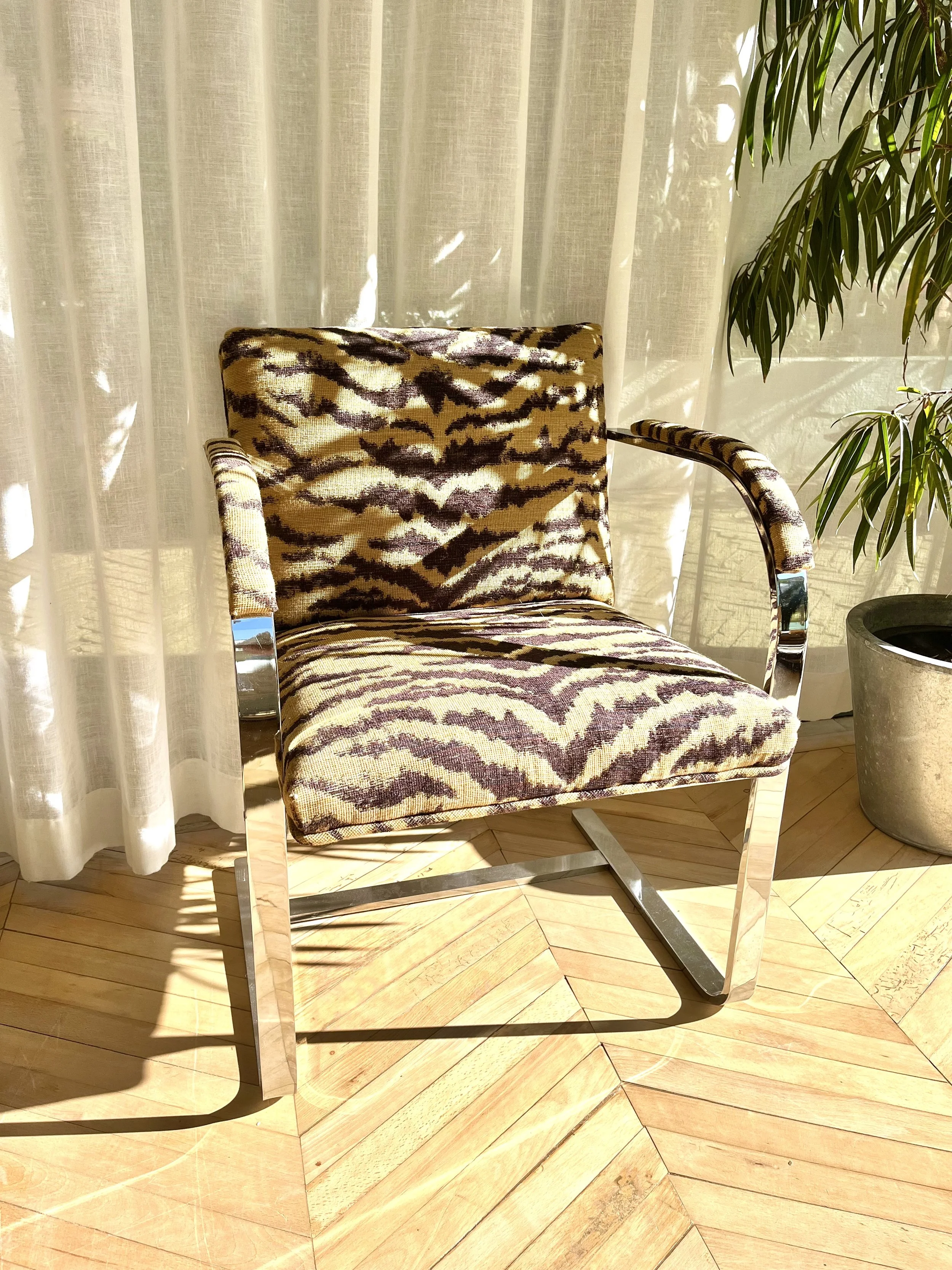 Tiger Fabric Upholstered Chrome Armchair In The Style of Miles Van de Rohe