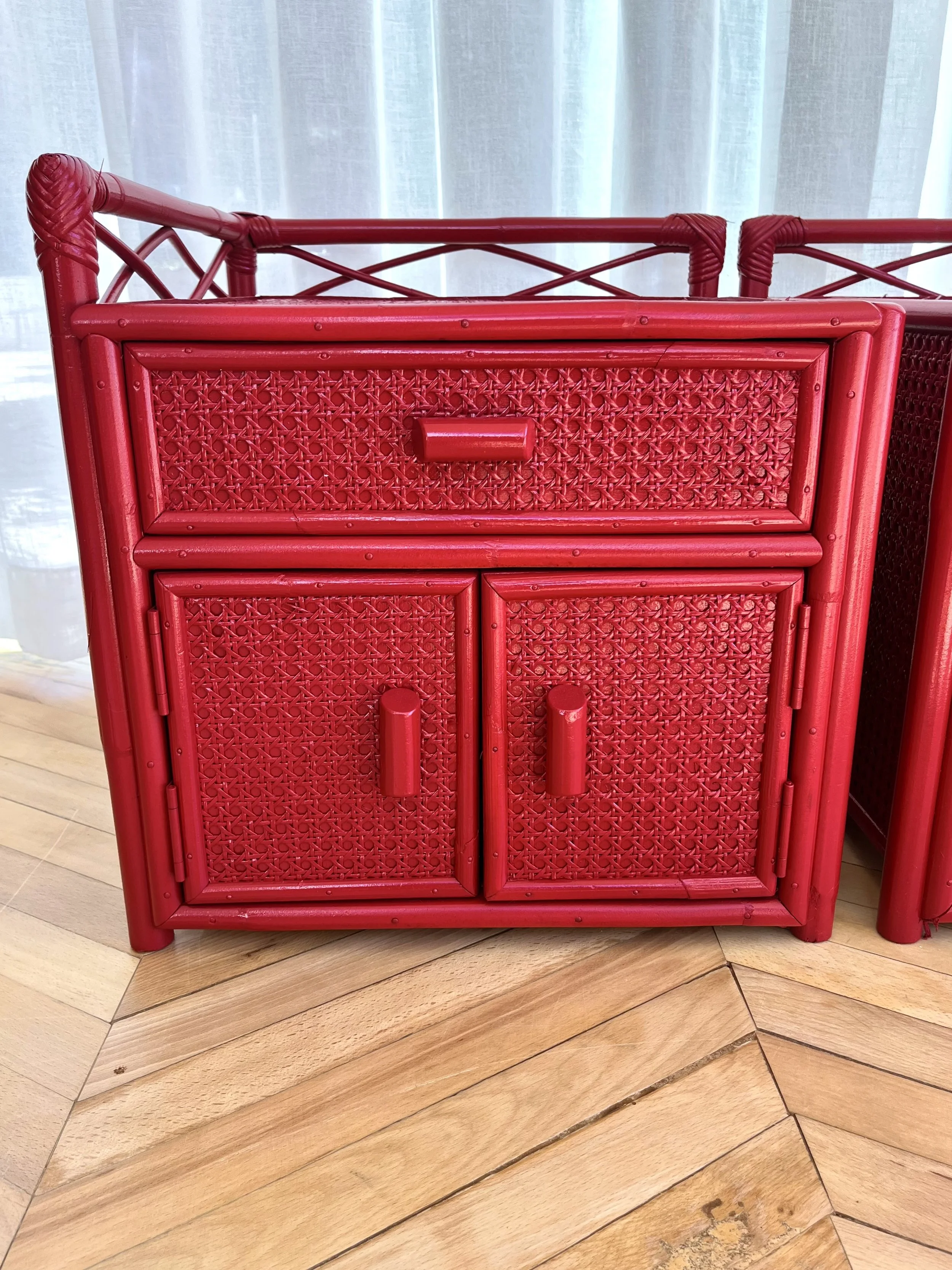 Pair of red lacquered bamboo and cane bedside cupboards 3.jpeg