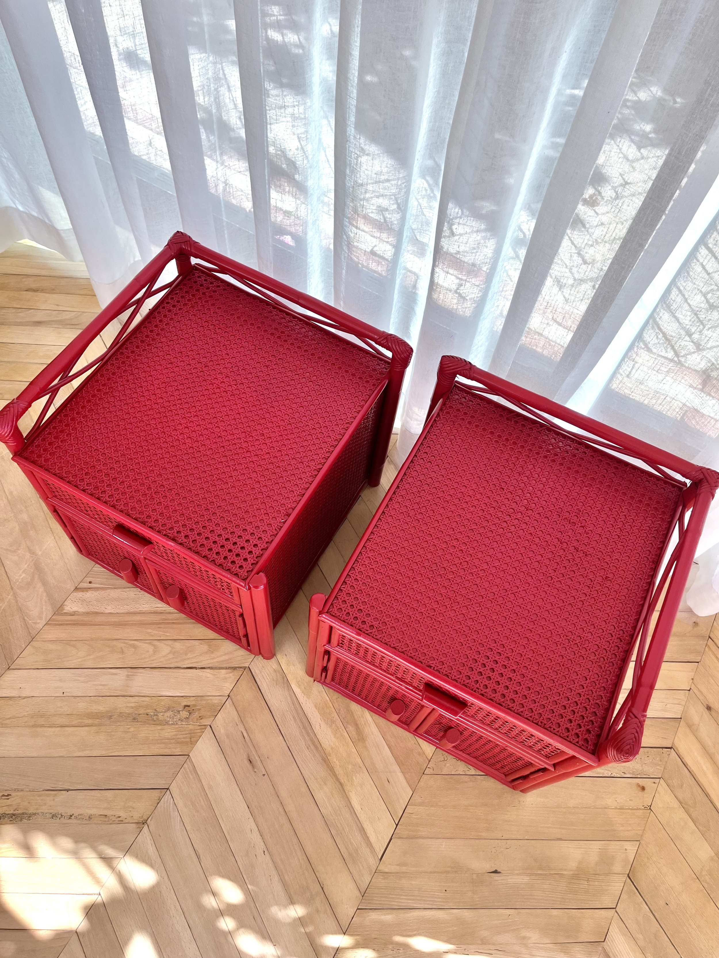 Pair of red lacquered bamboo and cane bedside cupboards 18.jpeg