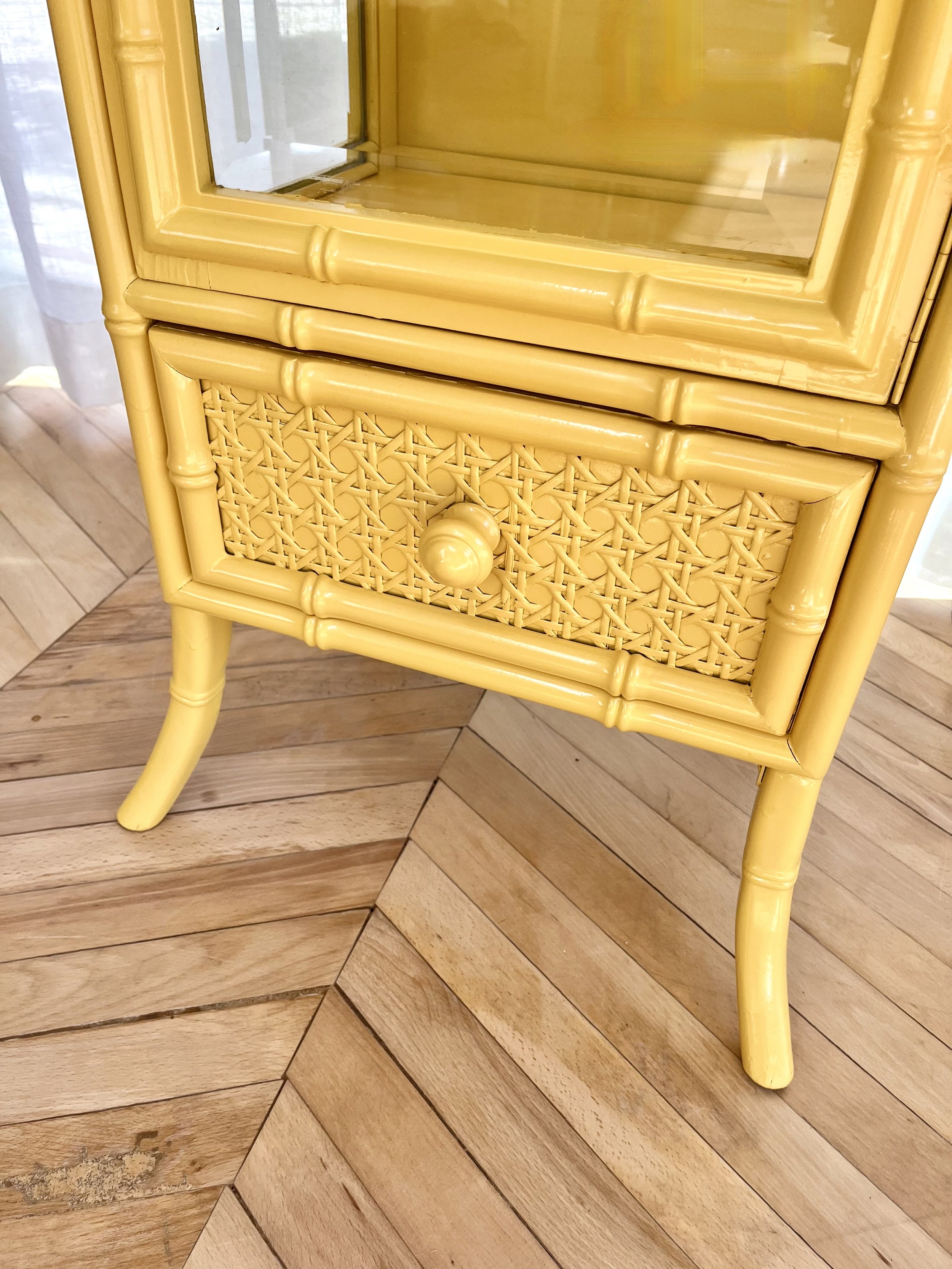 Yellow lacquered tall faux bamboo glass cabinet 4.jpeg