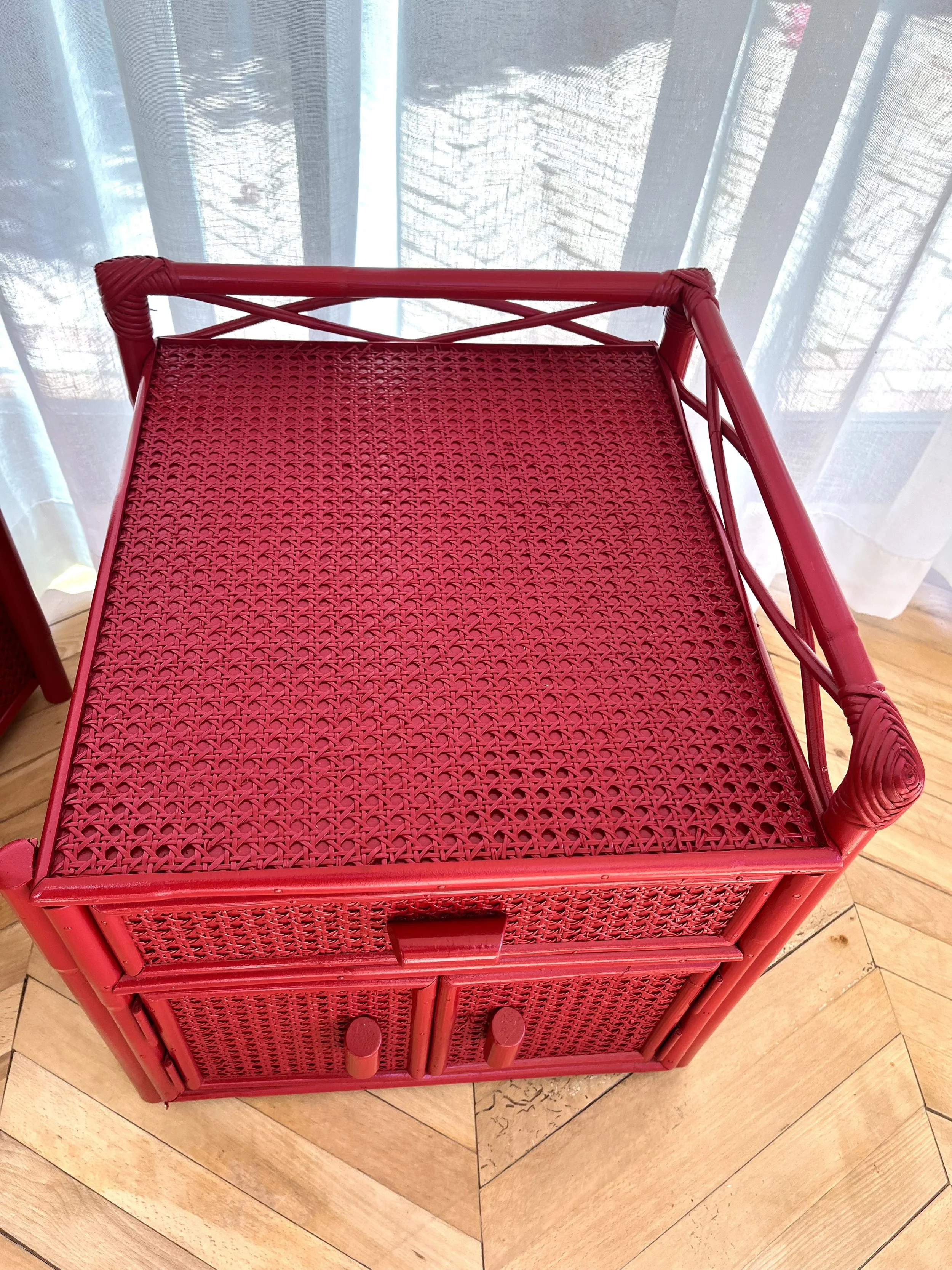 Pair of red lacquered bamboo and cane bedside cupboards 12.jpeg