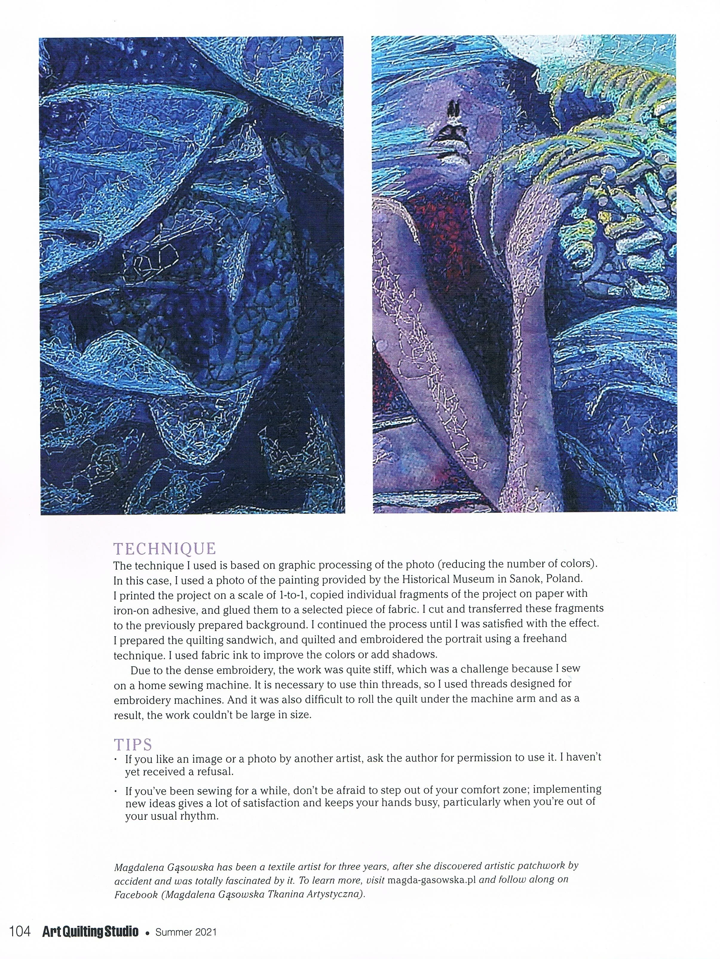 Photograph of a textile art piece featuring a portrait of a woman sleeping with her arm over her face, created with fabric ink and quilting techniques, in shades of blue and purple, with detailed embroidery and textured fabric surfaces.