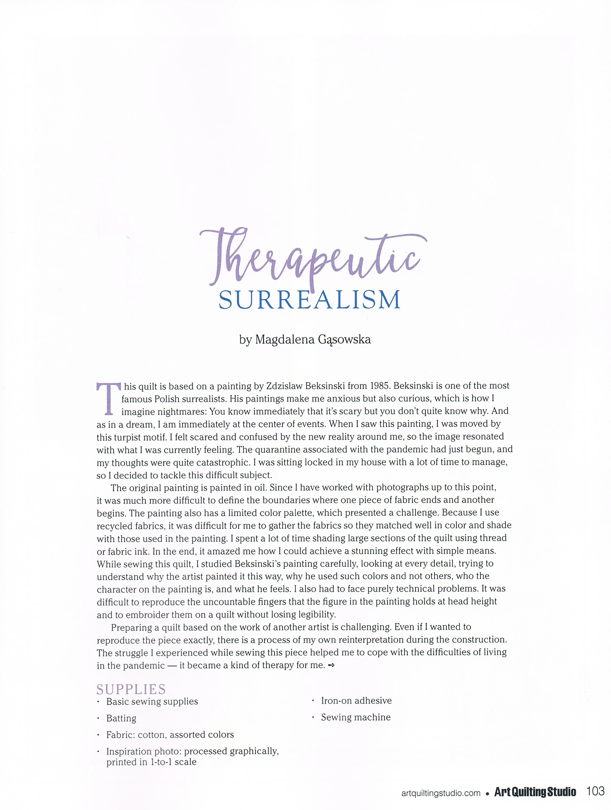 Page from a book titled 'Therapeutic Surrealism' by Magdalena Gąsowska, discussing a quilt inspired by a painting, with sections of text, and a list of quilting supplies, including sewing materials and fabric.