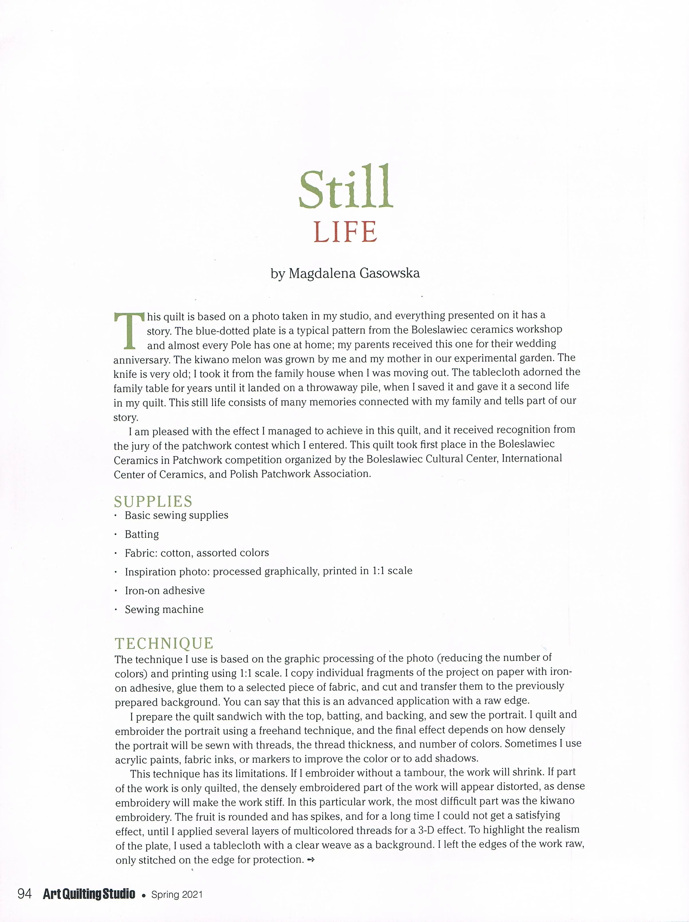 Page from Art Quilting Studio magazine, Spring 2021, featuring an article titled "Still Life" by Magdalena Gasowska, describing her quilt inspired by a photo and detailing the supplies and technique used.