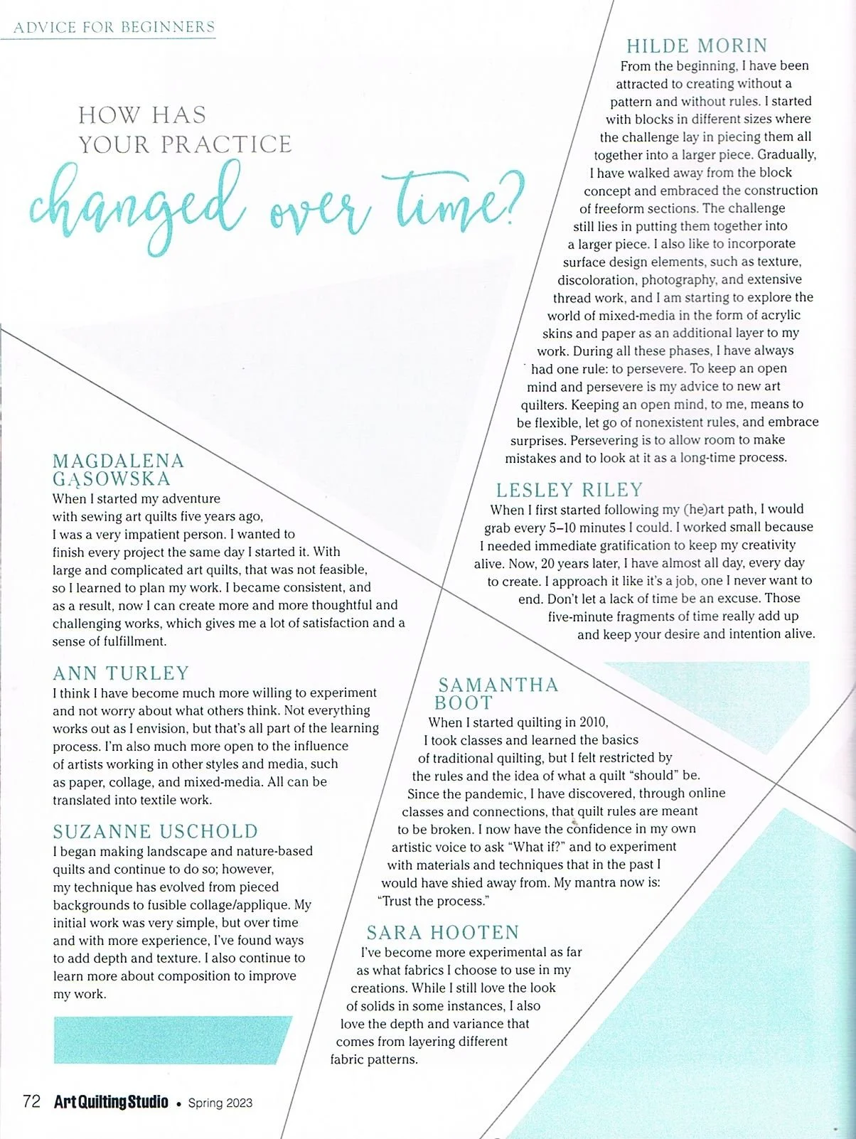 Page from Art Quilting Studio Spring 2023 magazine featuring advice and personal stories from five artists about their creative journeys in quilt making and textile art.