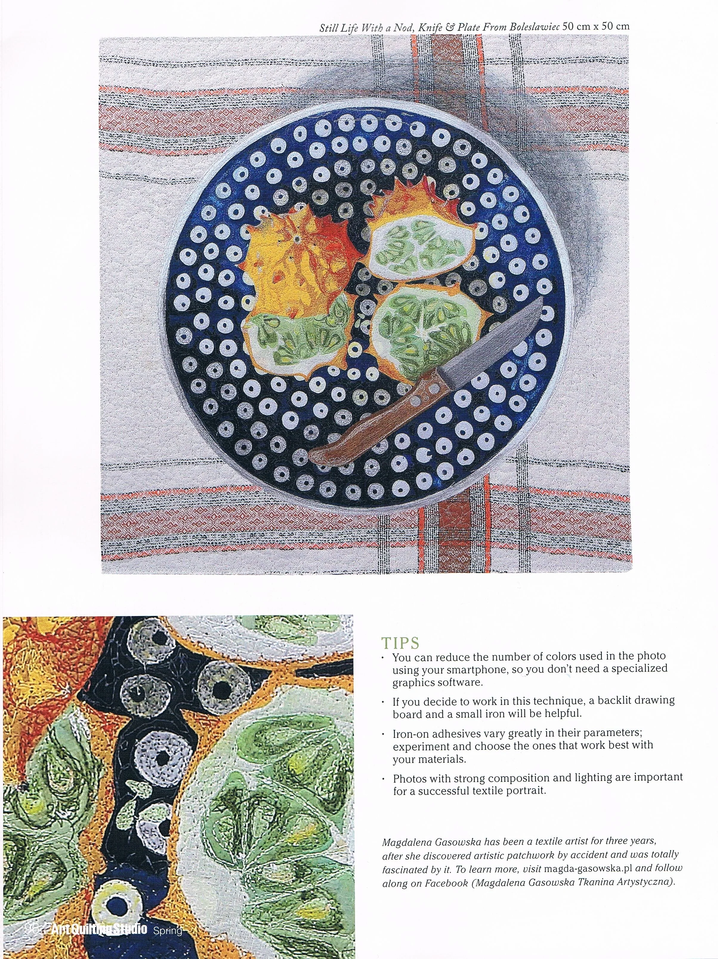 A textile artwork of a plate with sliced green and yellow vegetables and a knife on a dotted blue background, on a gray fabric surface. Below is a close-up of the artwork with tips for creating textile images, and text about Magdalena Gasowska, a tex