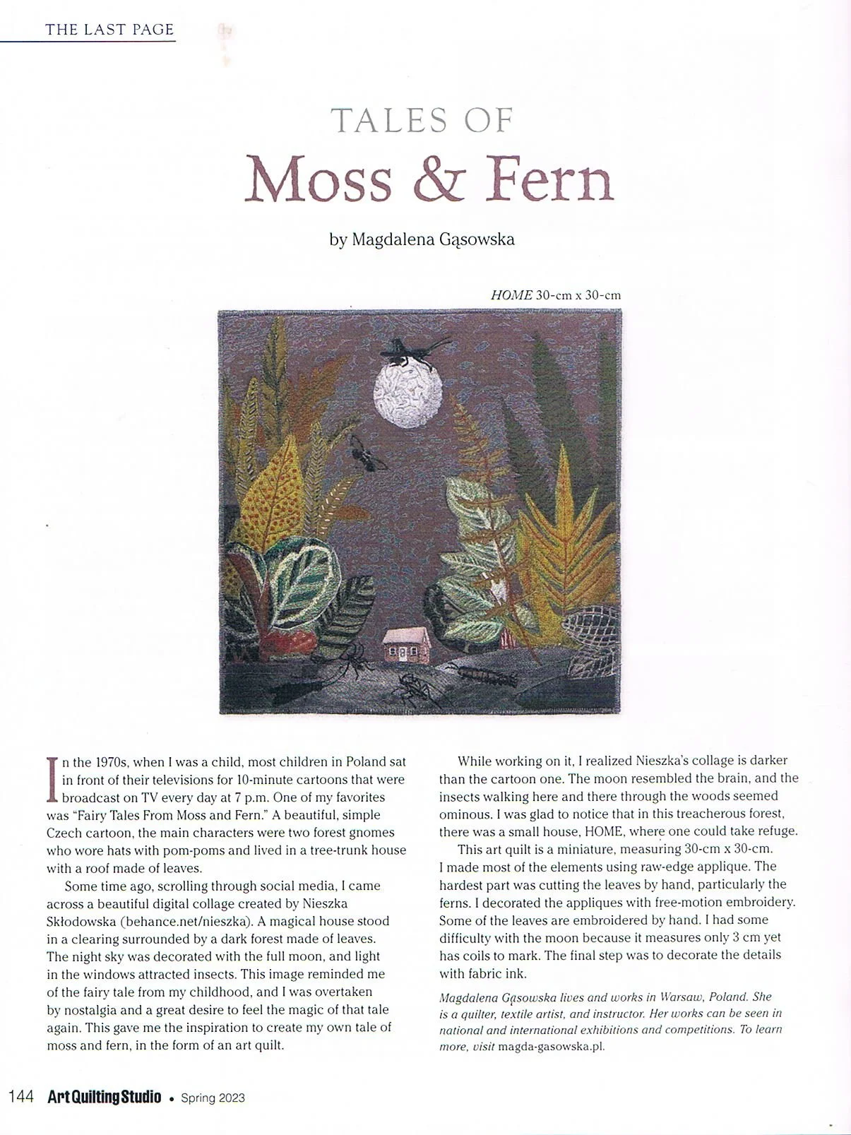 Page from a magazine with the title "Tales of Moss & Fern" by Magdalena Gąsowska, featuring a small quilted art piece showing a dark forest scene with large leaves, insects, and a full moon.