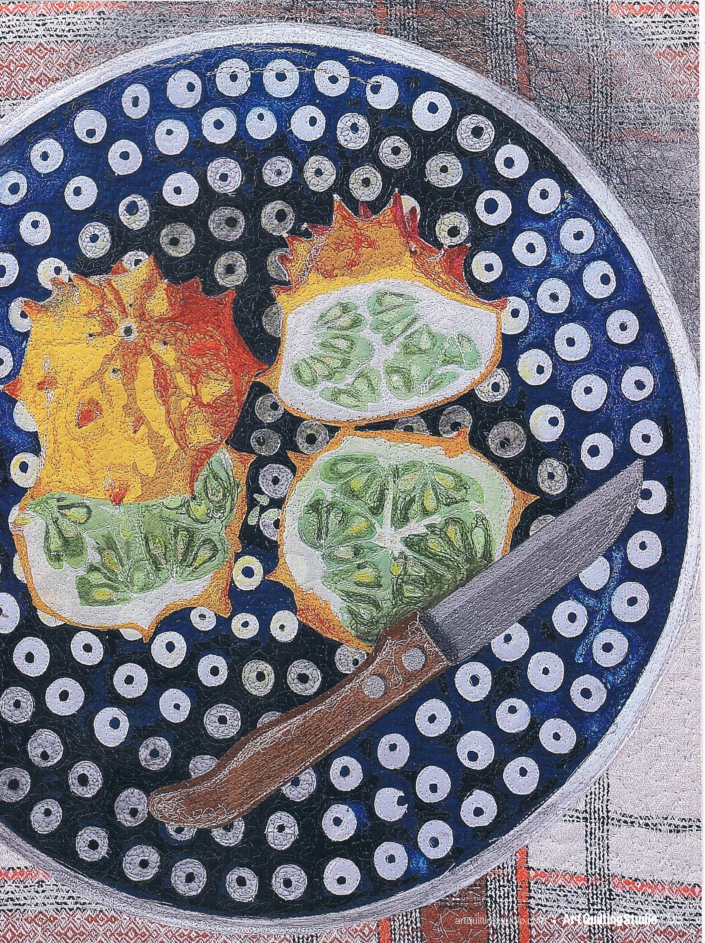 Painting of three slices of green tomatillo, a yellow-orange chili pepper, a small knife, and a black and white dotted background on a circular surface.