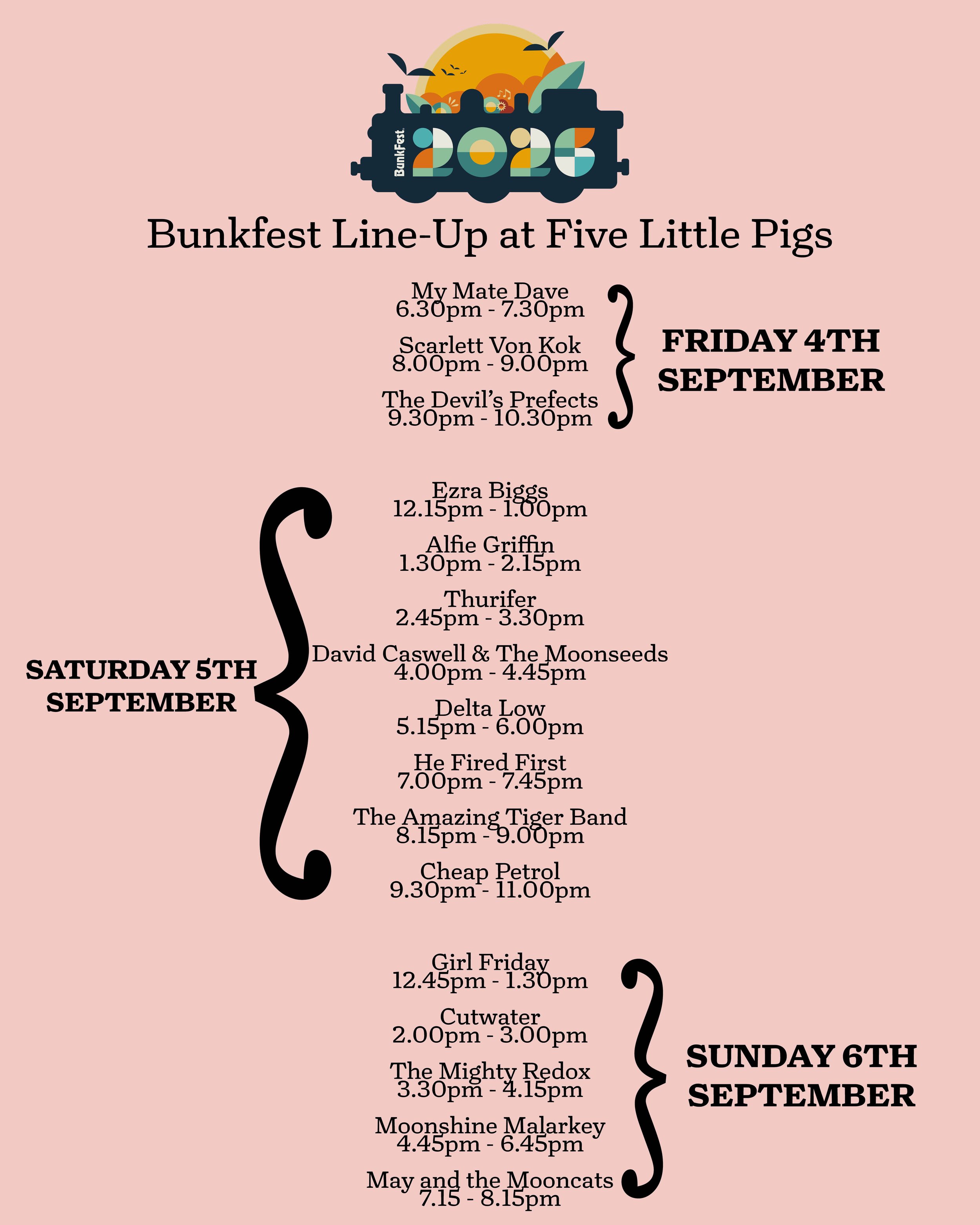 Bunkfest 2026 line up at Five Little Pigs