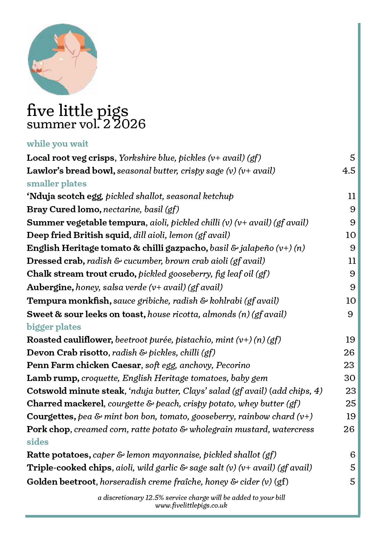 Five Little Pigs all day dining menu featuring tapas style small plates and hearty bigger plates.