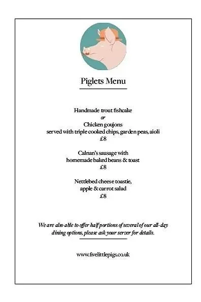 Five Little Pigs "piglets" childrens menu