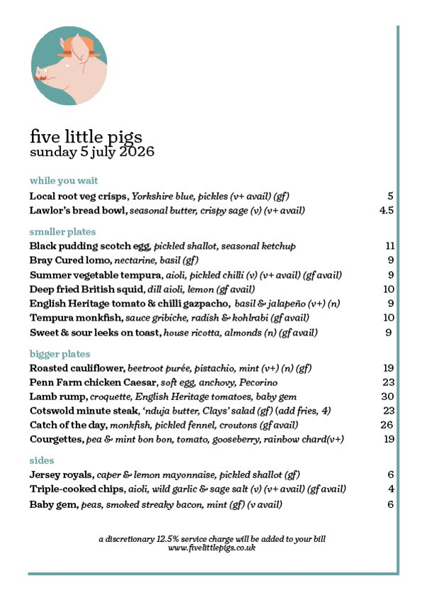 Five Little Pigs Sunday menu featuring roast dinners, tapas style sharing small plates, and main dishes sourced from local and seasonal ingredients