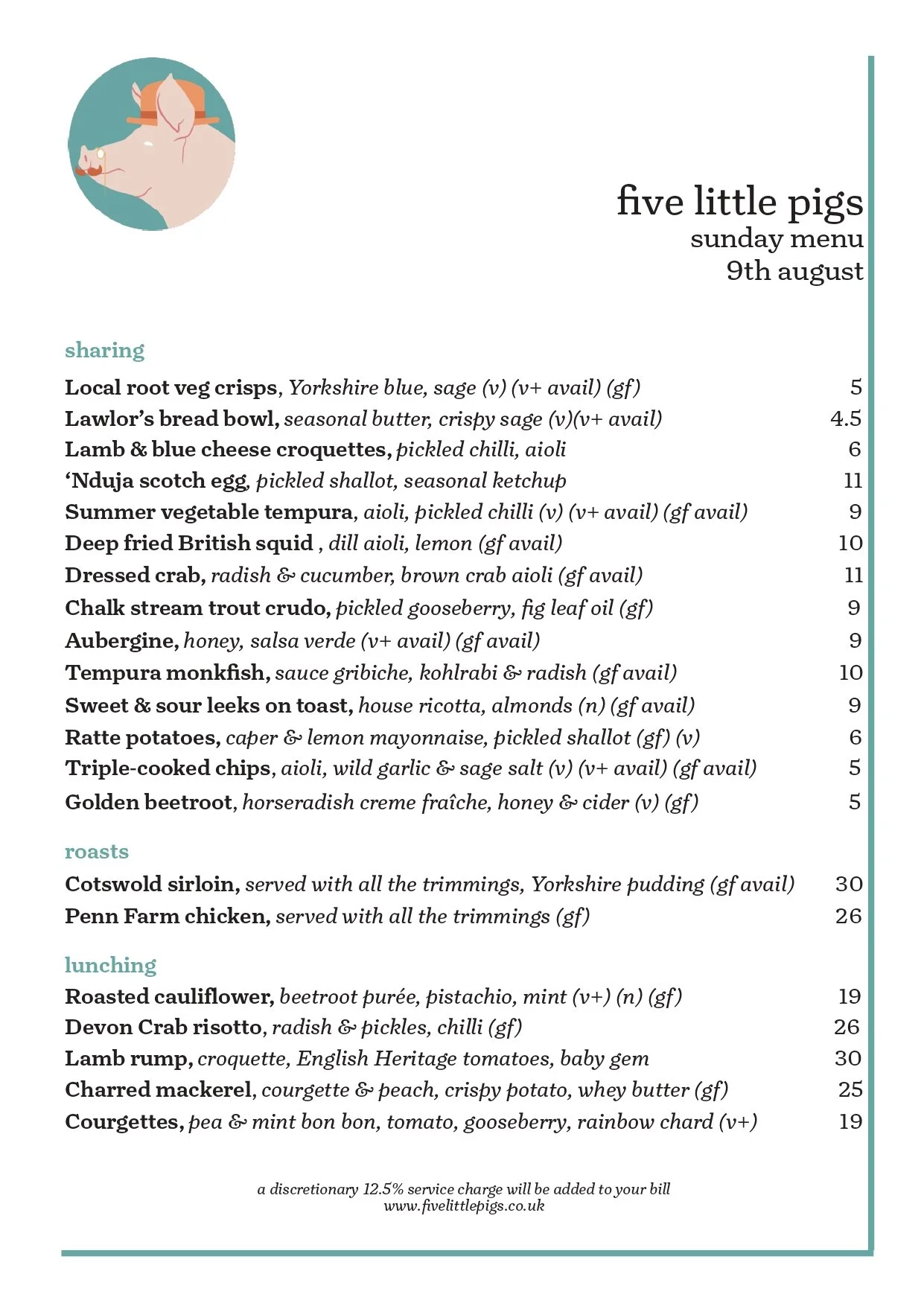 Five Little Pigs Sunday menu featuring roast dinners, tapas style sharing small plates, and main dishes sourced from local and seasonal ingredients