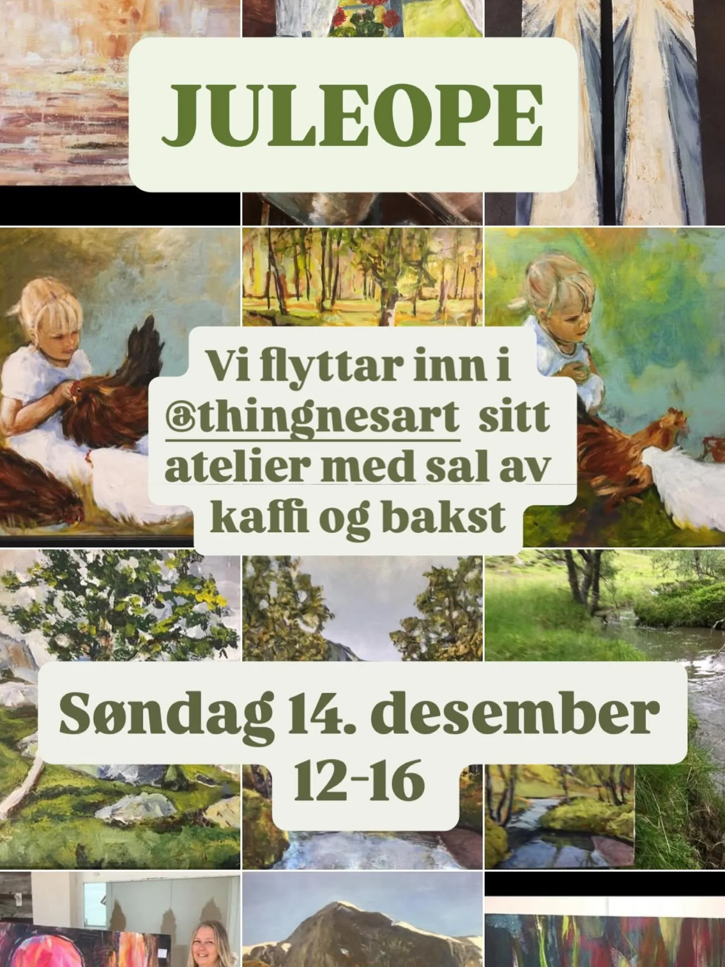 Vi flyttar inn i Solveig Thingnes Kandal sitt atelier 14. desember 12-16🎄
Det blir salsutstilling, sal av heimelaga produkt og vi sel kaffi og bakst! 

Velkommen til ein koseleg julehandel☕️🎄