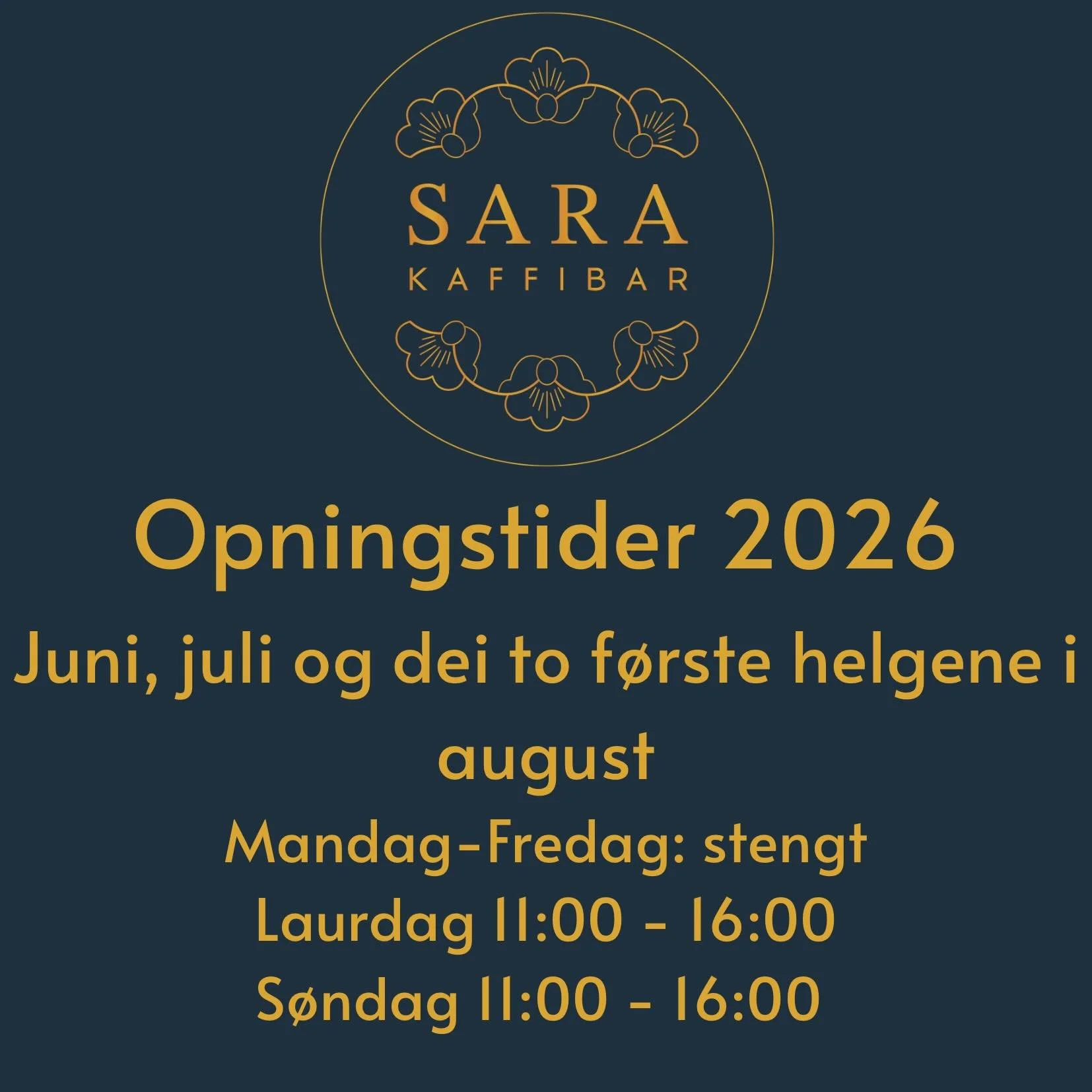 OPNINGSTIDER 2026
 Vi har ope kvar helg i juni, juli og dei to f&oslash;rste helgene i august. 11-16 laurdag og s&oslash;ndag

Vi gler oss til &aring; servere kaffi og deilig bakst og m&oslash;te v&aring;re kjekke kundar!
