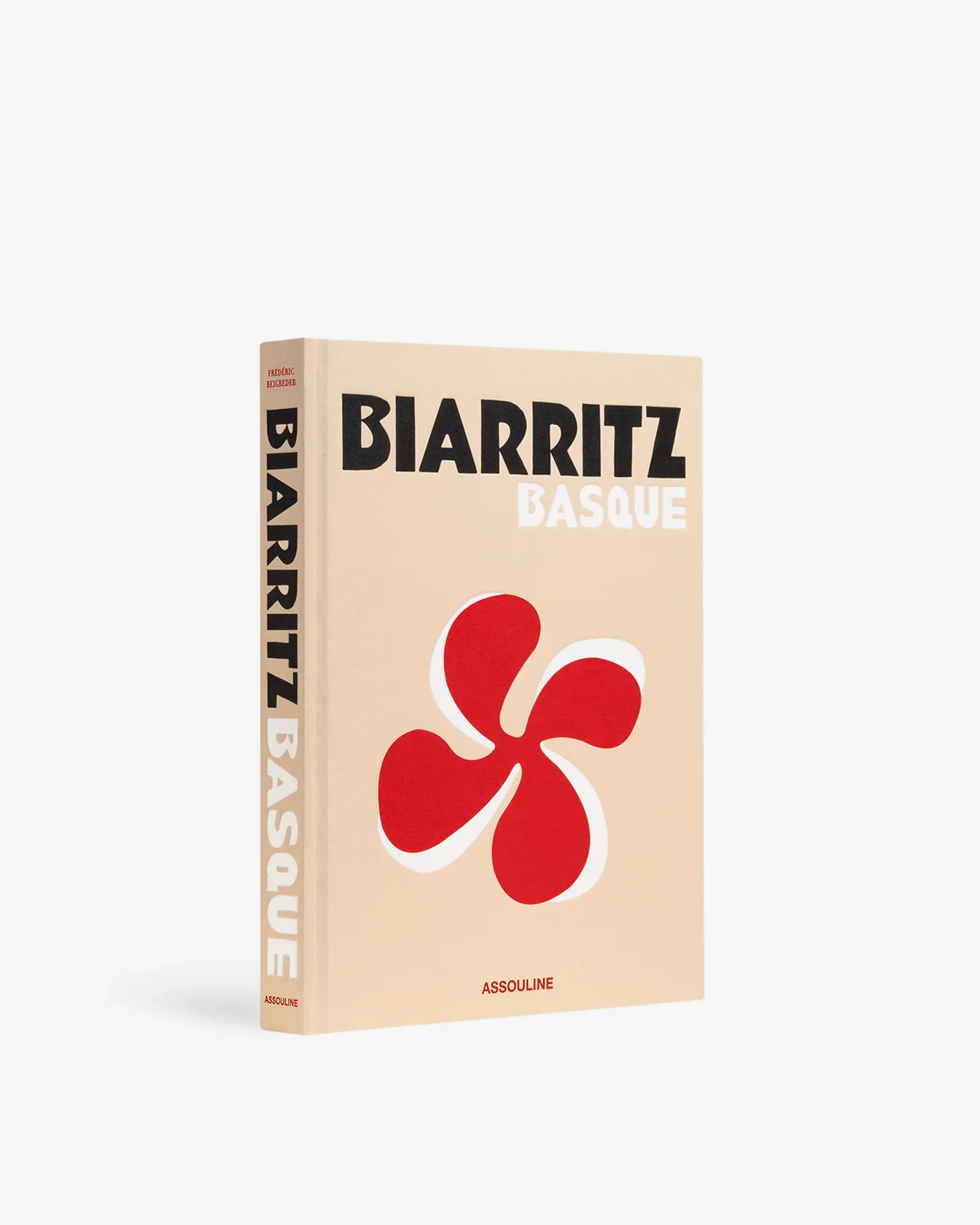 Couverture du livre intitulé 'Biarritz Basque' avec une illustration rouge en forme de fleur stylisée sur un fond beige, publié par Assouline.