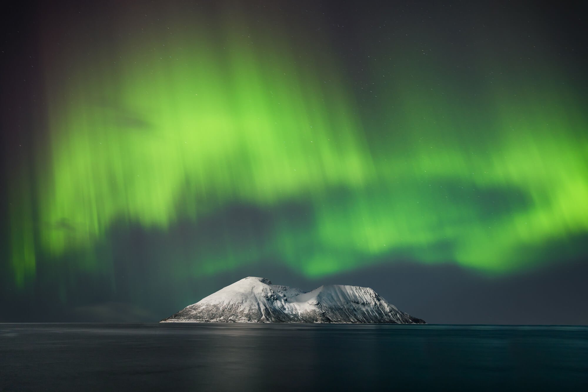 Île enneigée sous des aurores boréales vertes dans le ciel nocturne.