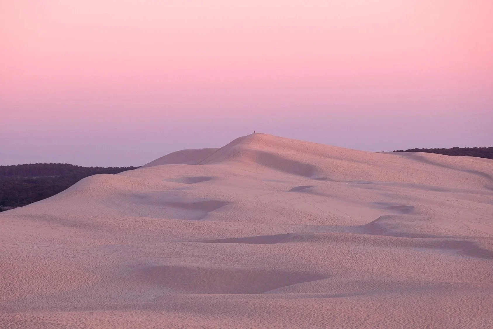 Sand dunes under a pinkish sky with a small mountain in the distance.
