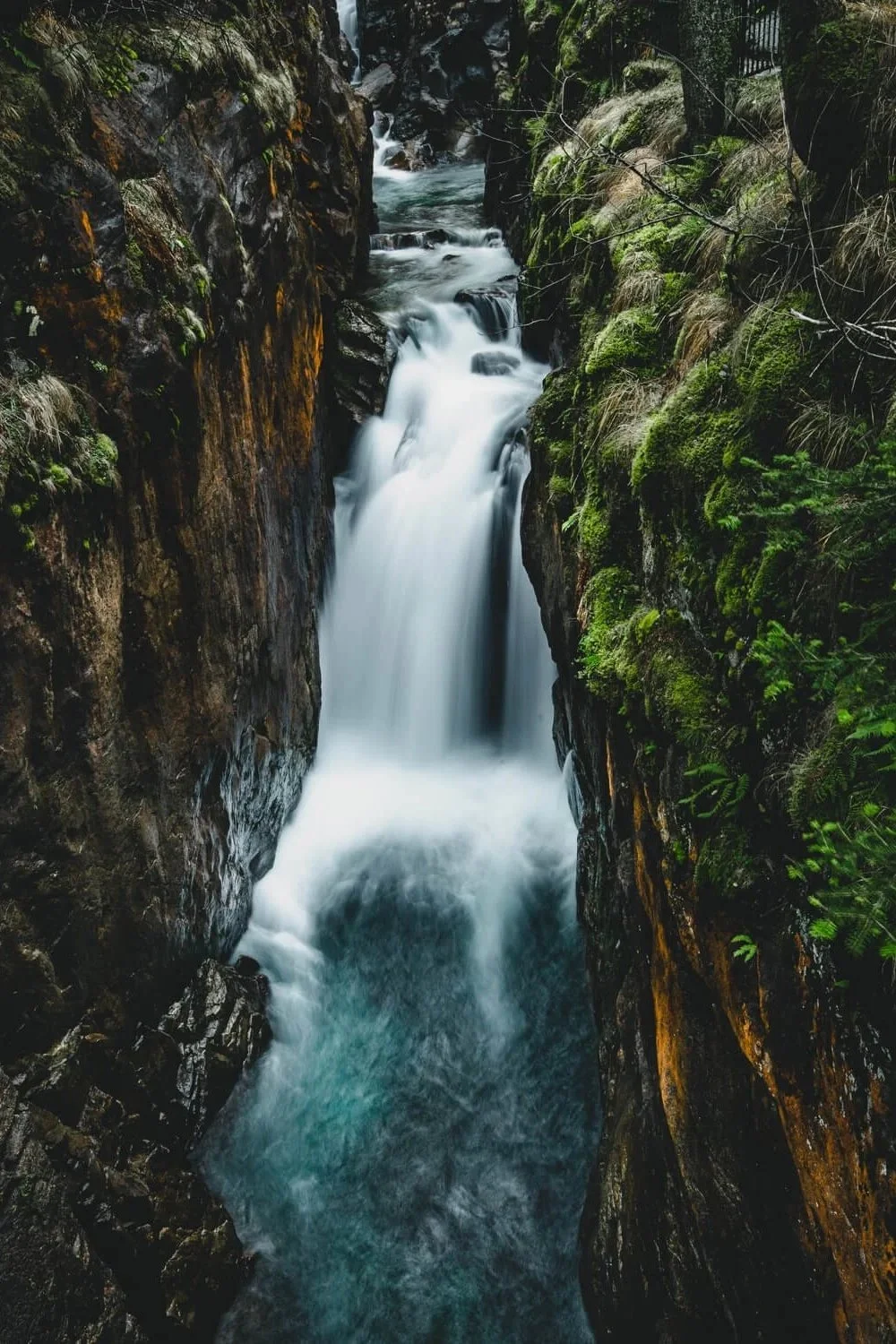 Cascade coulant entre des parois rocheuses couvertes de mousse et de végétation.