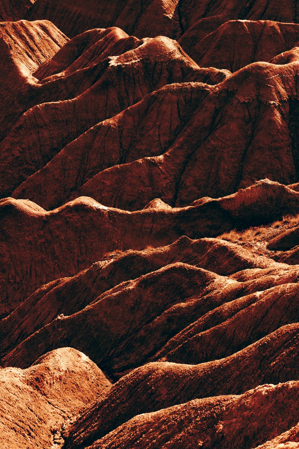 Paysage désertique avec des formations rocailleuses rouges et montagneuses.