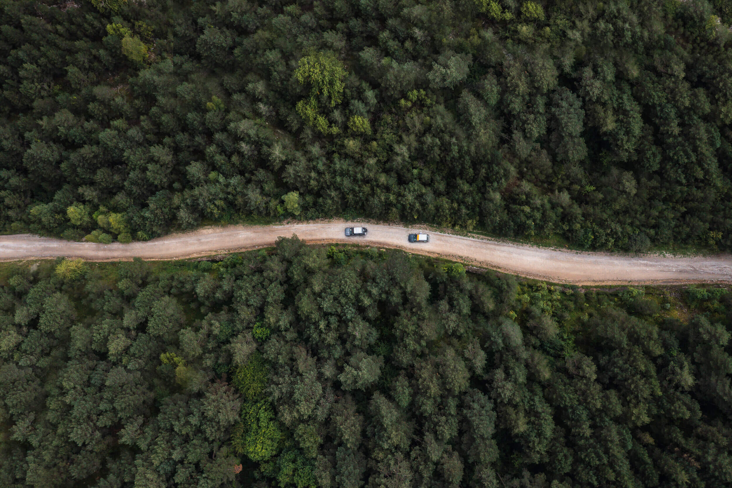 Vue aérienne d'une route sinueuse traversant une forêt dense, avec deux voitures circulant dans des directions opposées.