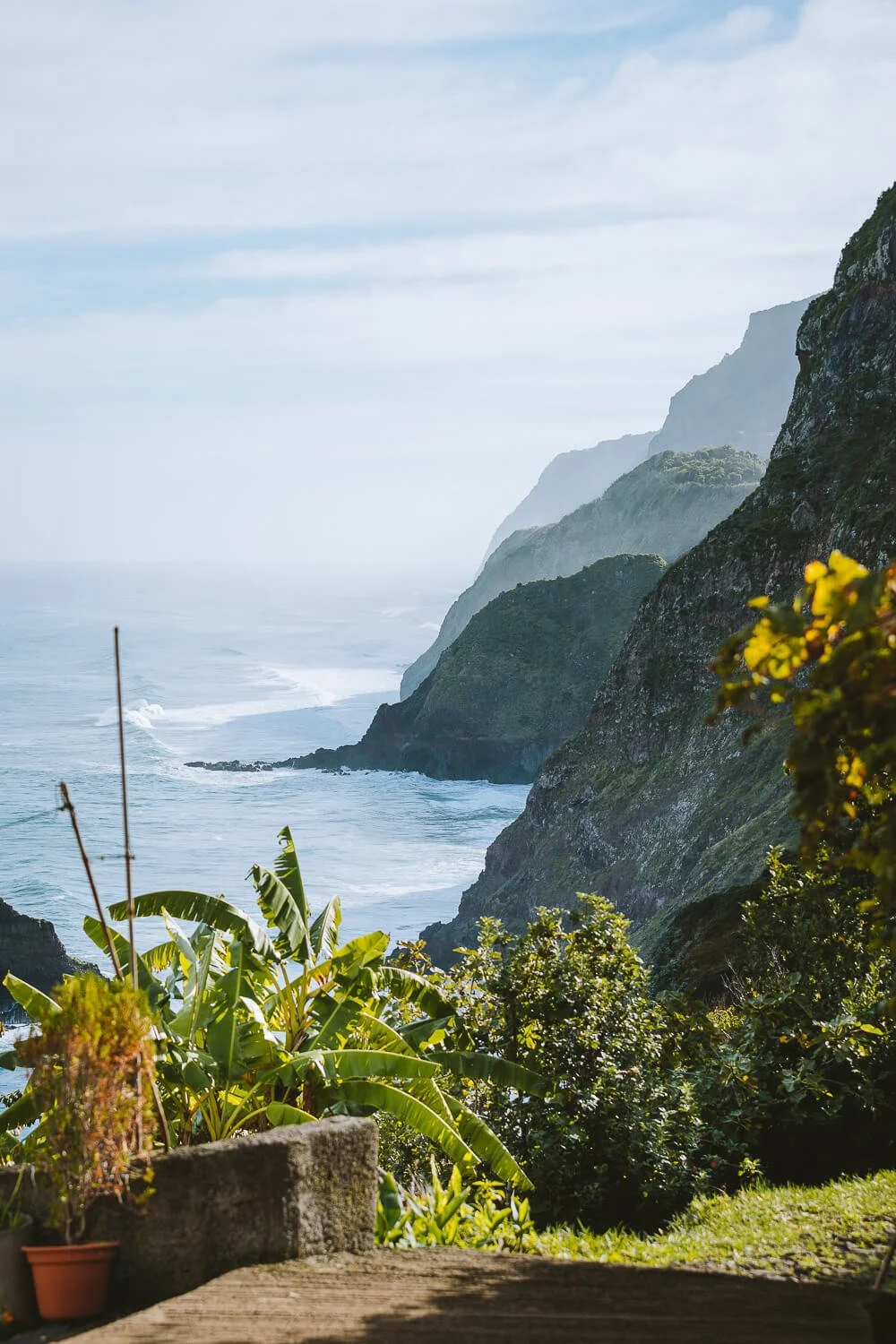Coastal view of cliffs and ocean waves with lush green vegetation in the foreground.