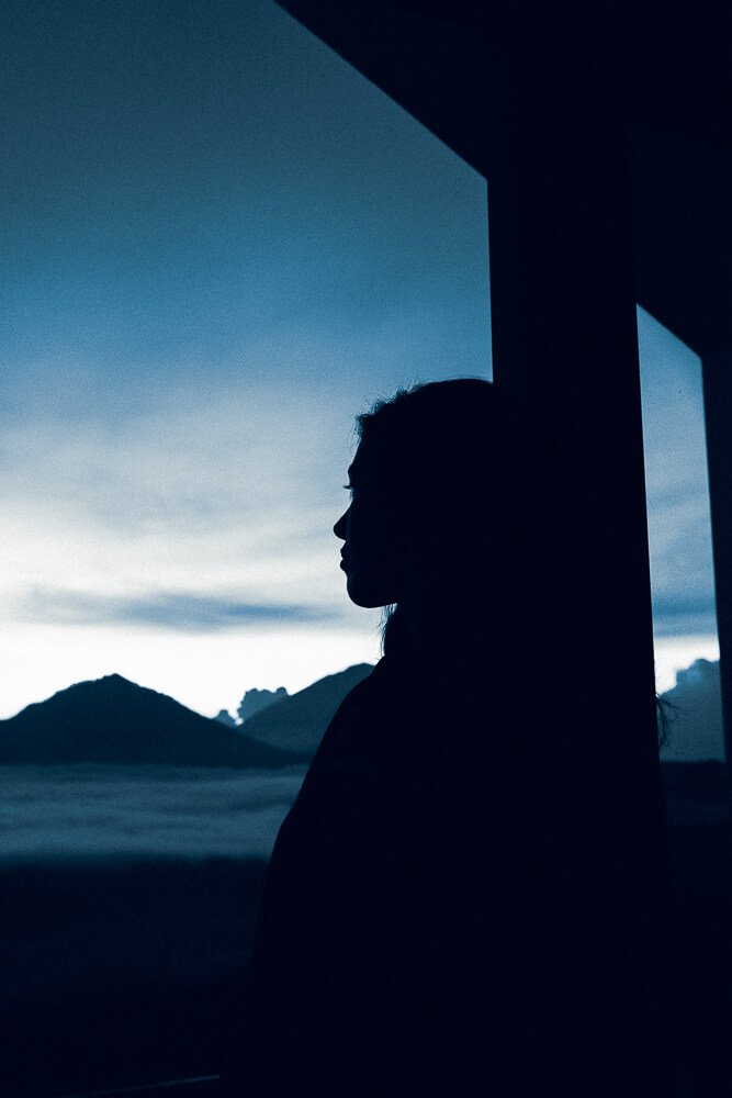 Silhouette of a person looking out a window at mountainous landscape during dusk or dawn.