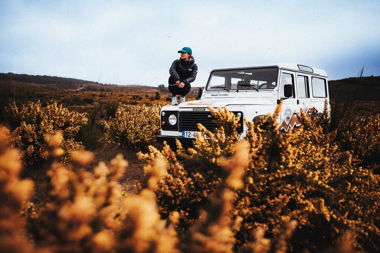 A person squatting on the hood of a white off-road vehicle amid yellow flowering bushes in an open landscape under cloudy sky.