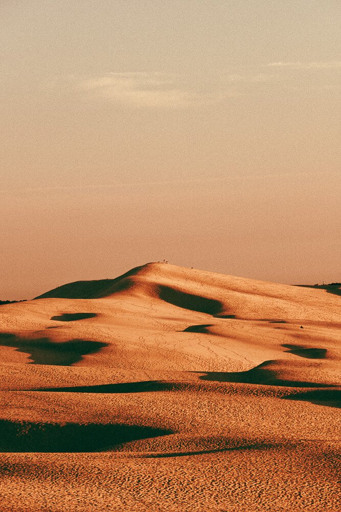 Desert landscape with rolling sand dunes and a clear sky.