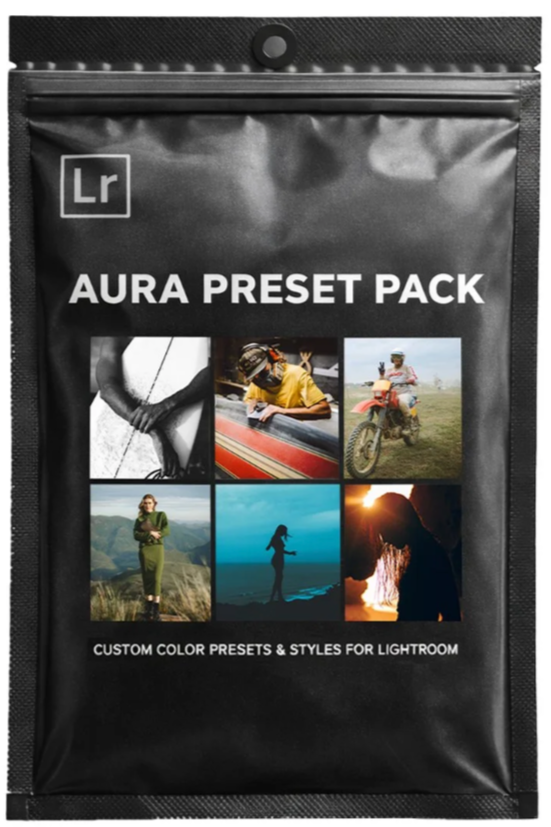 Black package labeled 'Aura Preset Pack' with six images of people engaging in outdoor and creative activities, and text indicating it contains custom color presets and styles for Lightroom.