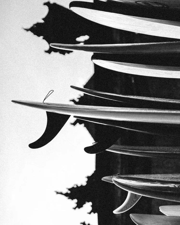 Une rangée de planches de surf empilées, vues en contre-plongée.