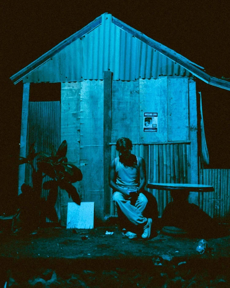 Une personne assise devant une cabane en bois, illuminée d'une lumière bleue, avec un panneau d'alarme pour chien perdu à l'arrière. À gauche, une plante verte et à droite, un banc en bois.