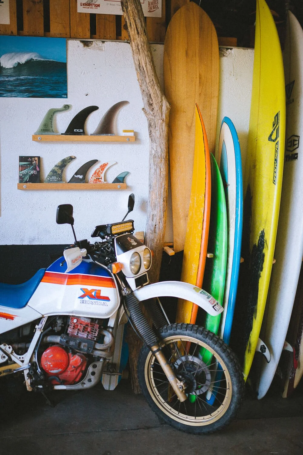 A Harley-Davidson XL Honda motorcycle parked next to a display of surfboards and surfboard fins in a surf shop or garage.
