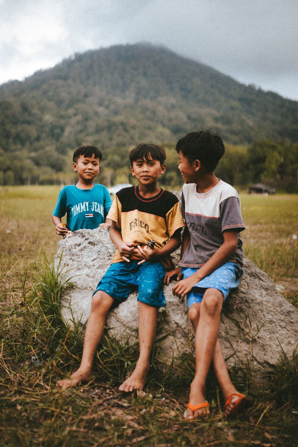 Trois enfants assis et debout sur un rocher dans un champ avec une montagne en arrière-plan.