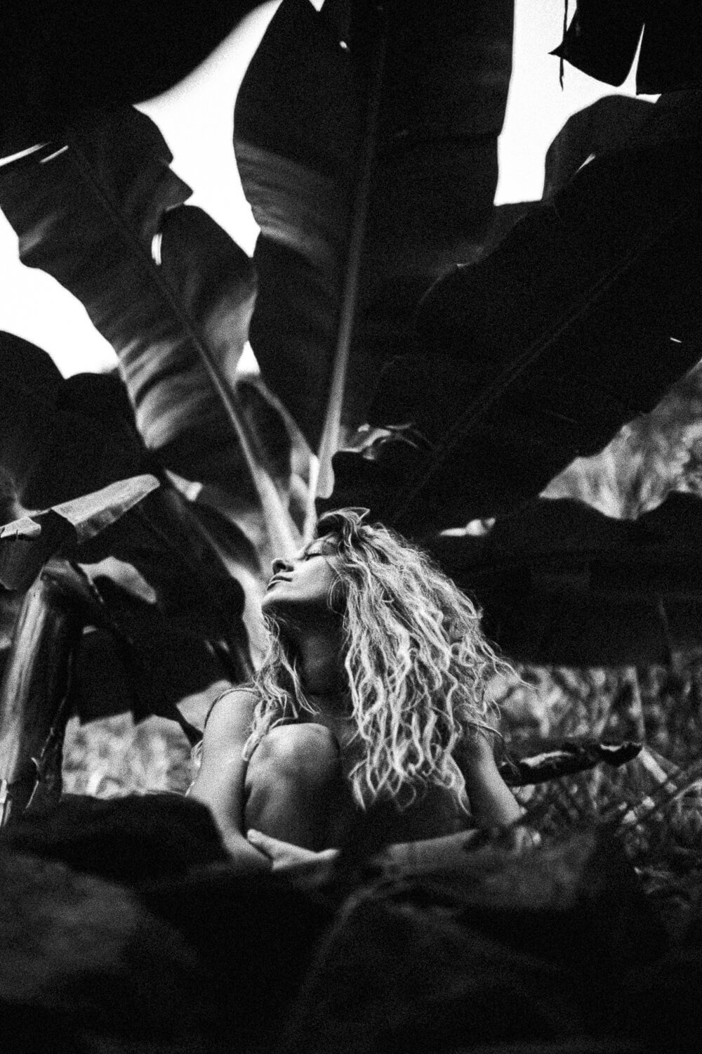 A woman with curly hair sitting in nature with large leaves overhead, captured in black and white.