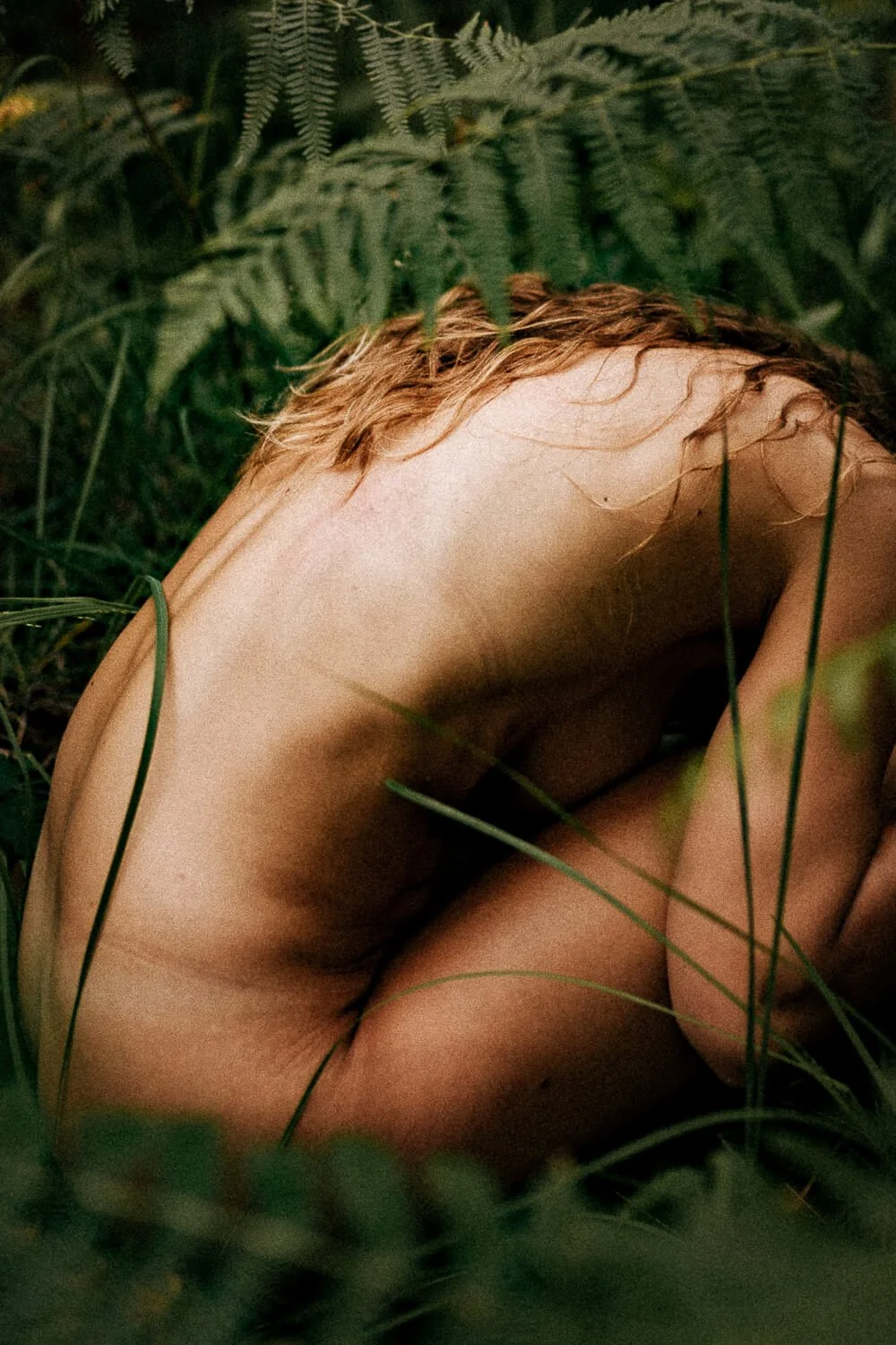 A person with wet, curly hair is lying on their side amidst lush green ferns and grass in a natural outdoor setting.