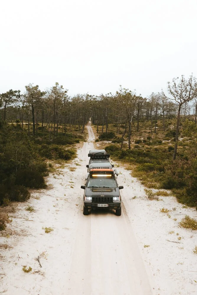 Two dark gray off-road vehicles traveling on a narrow dirt and sand trail through a sparse forest with small trees and bushes under a cloudy sky.