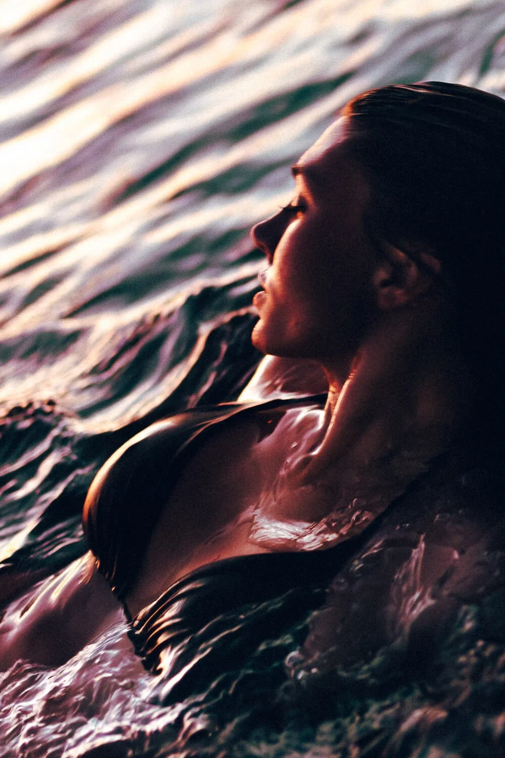 A woman floating on water at sunset, with her eyes closed and face turned profile, illuminated by soft golden pink light.