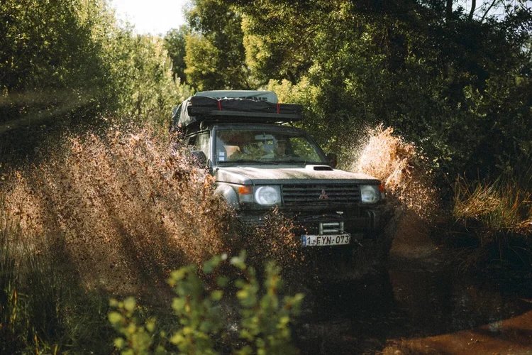 Un véhicule tout-terrain blanc en train de traverser une rivière dans une forêt.