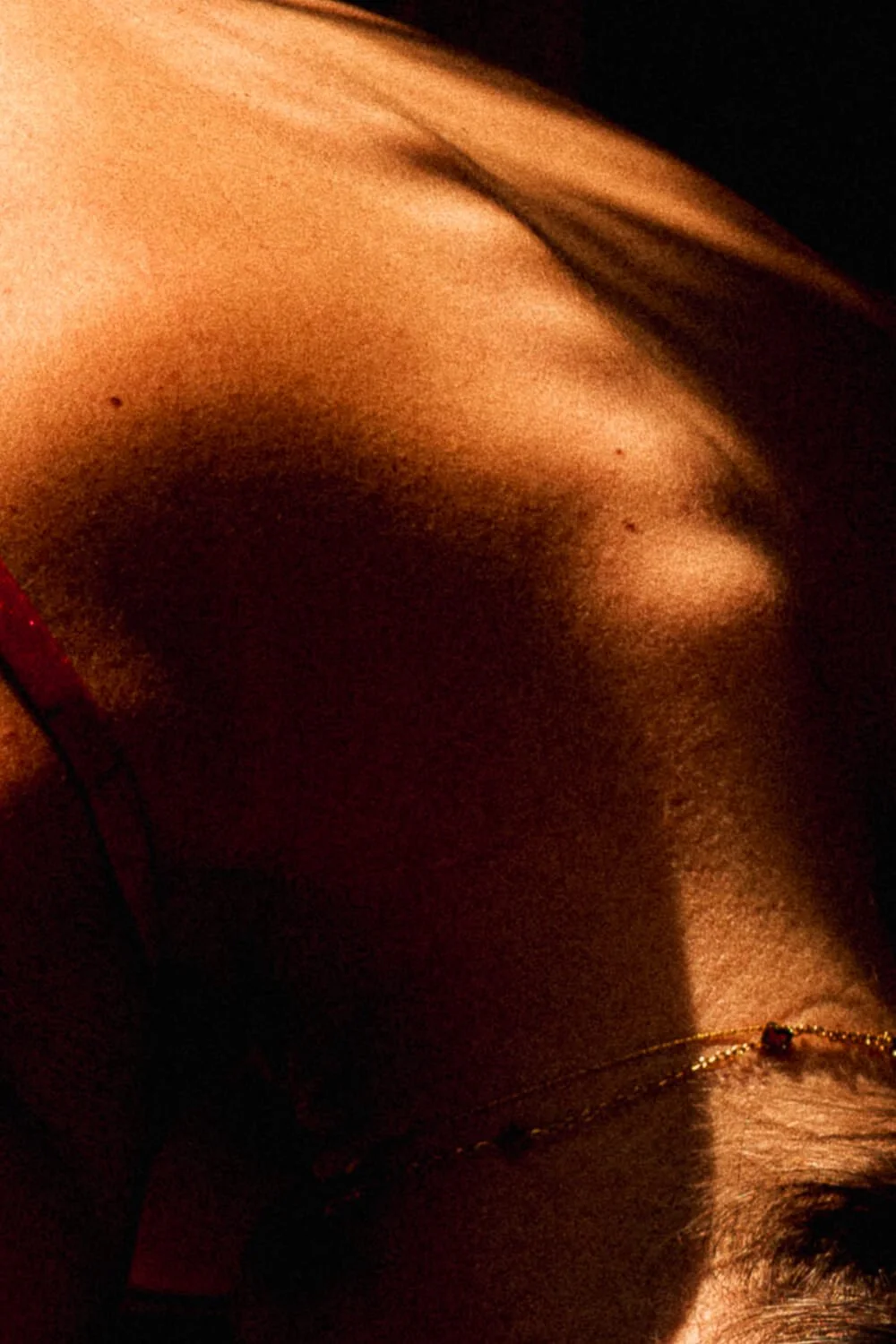 Close-up of a person's shoulder and neck area with a warm light highlighting skin texture, minimal clothing, and a necklace.
