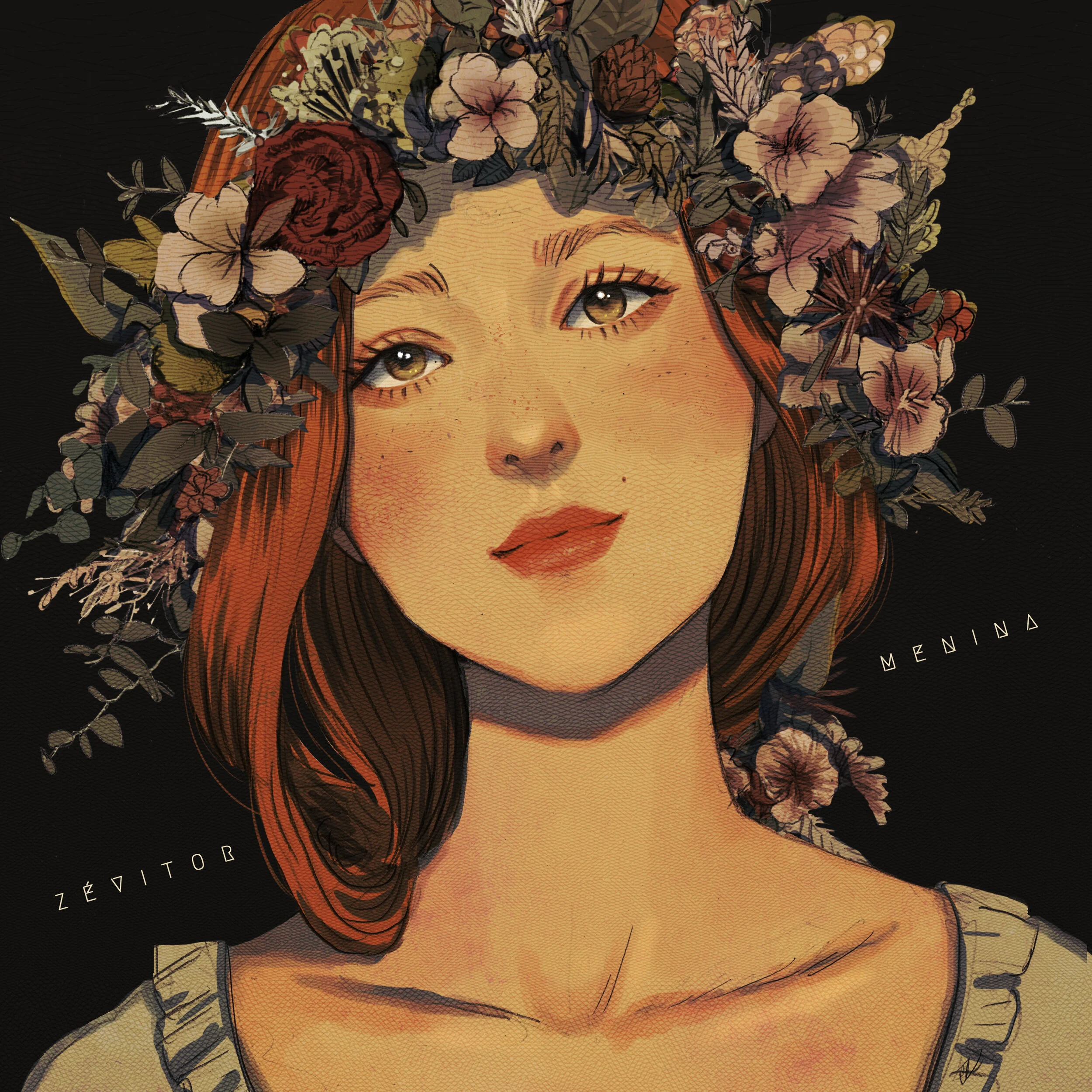 Ilustração de uma mulher com cabelos castanhos e pele clara, cobrindo parte do rosto com uma expressão suave, cercada por uma coroa de flores e folhas variadas, com fundo escuro.